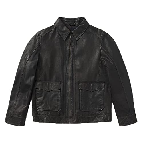 FASIGO Men's Genuine Leather Jacket - Sporty Bomber Aviator Flight Jacket for Casual & Motorcycle Riding - Holy Black