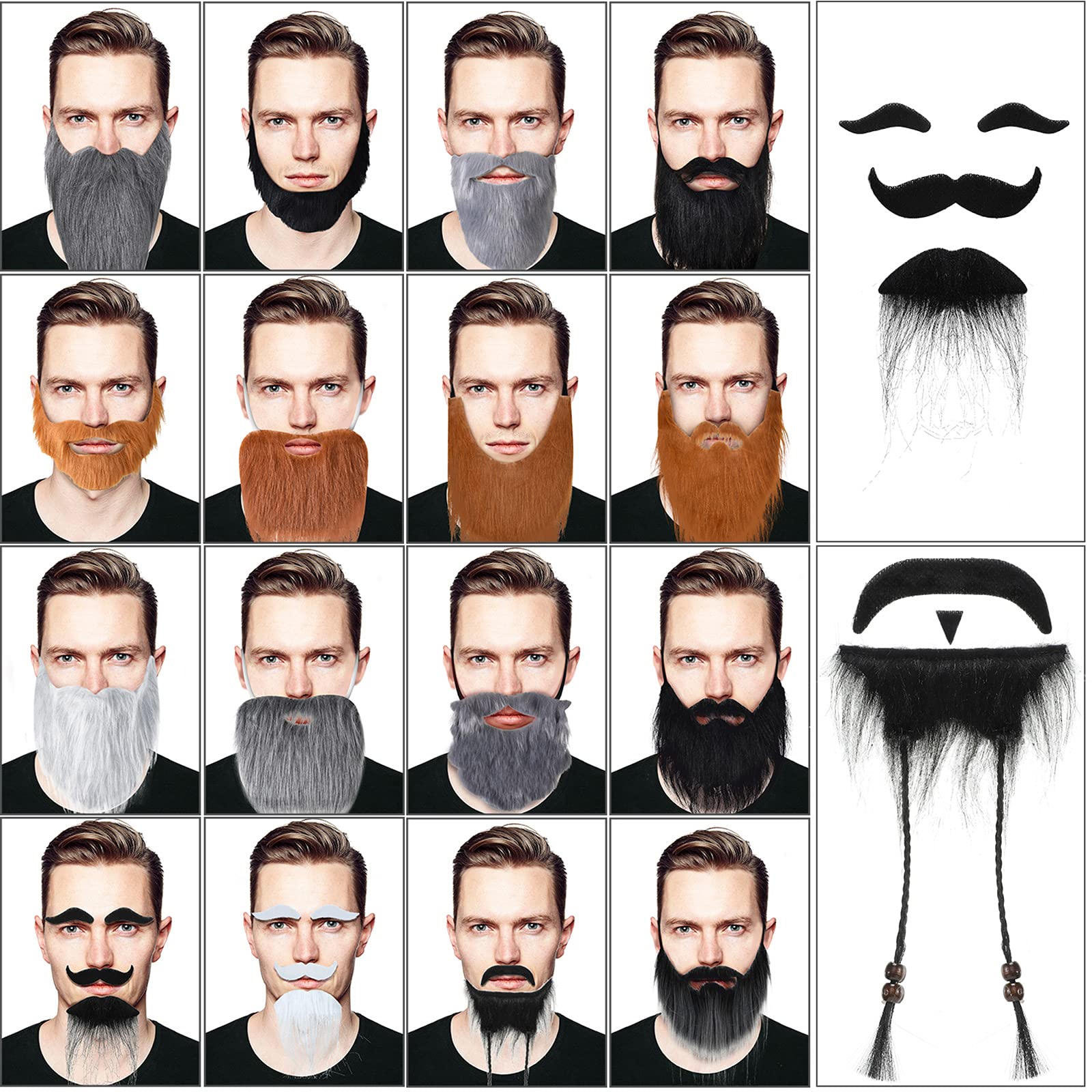 16 Pieces Fake Mustache & Beard Set - Adjustable Elastic Rope Costume Accessories for Halloween, Cosplay & Party - Funny Mustache & Whiskers for Men & Women - Perfect for Costume Parties, Themed Events & Dress-Up Fun