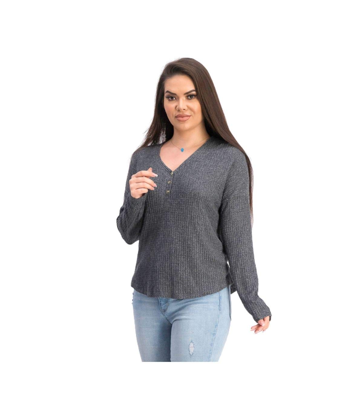 Juniors' Henley Waffle Knit Top - Soft & Comfortable Steel Grey Pullover Shirt for Teen Girls | Size M | Perfect for Casual Wear, School & Everyday Outfits