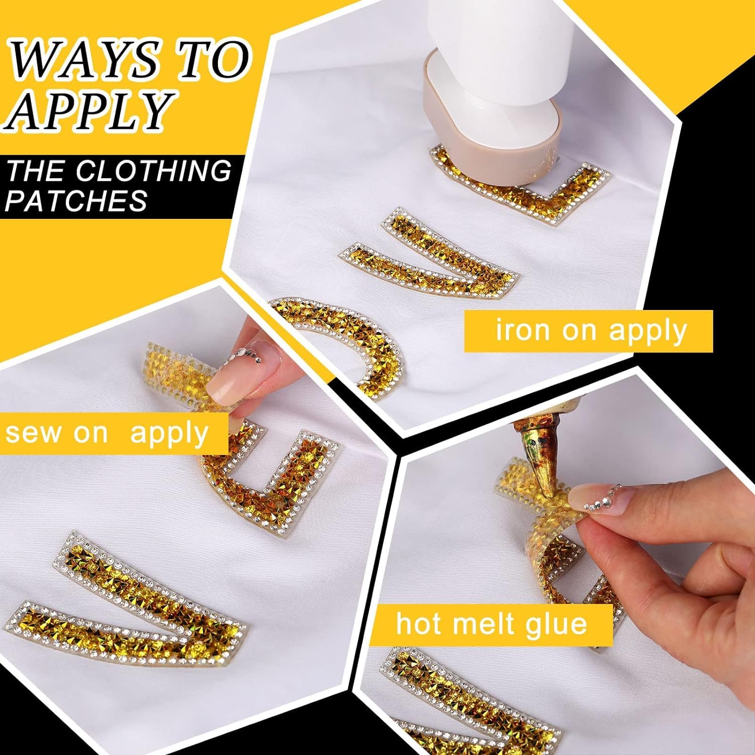Yinder Glitter Resin Rhinestone Alphabet Letter Stickers - Self Adhesive A-Z Iron On Letters for DIY Crafts, Clothing, Scrapbooking & Home Decor (Gold, 26 Pieces) - Perfect for Customizing T-Shirts, Hats, Bags & More