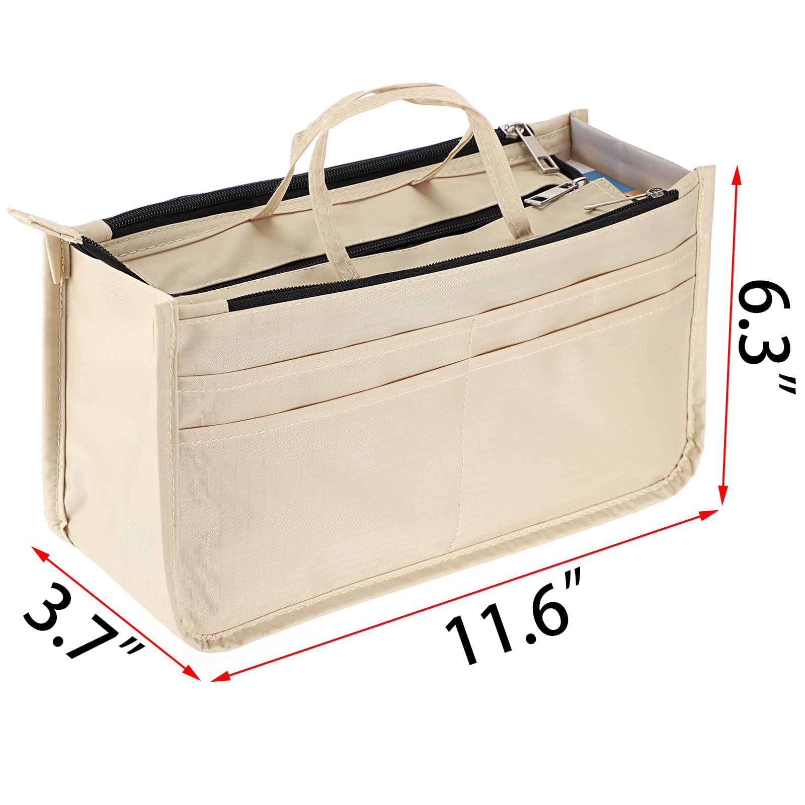 BTSKY Handbag Organizer Insert - 13 Pocket High Capacity Purse Organizer with Handle for Tote Bags, Beige | Perfect for Travel, Work & Daily Organization