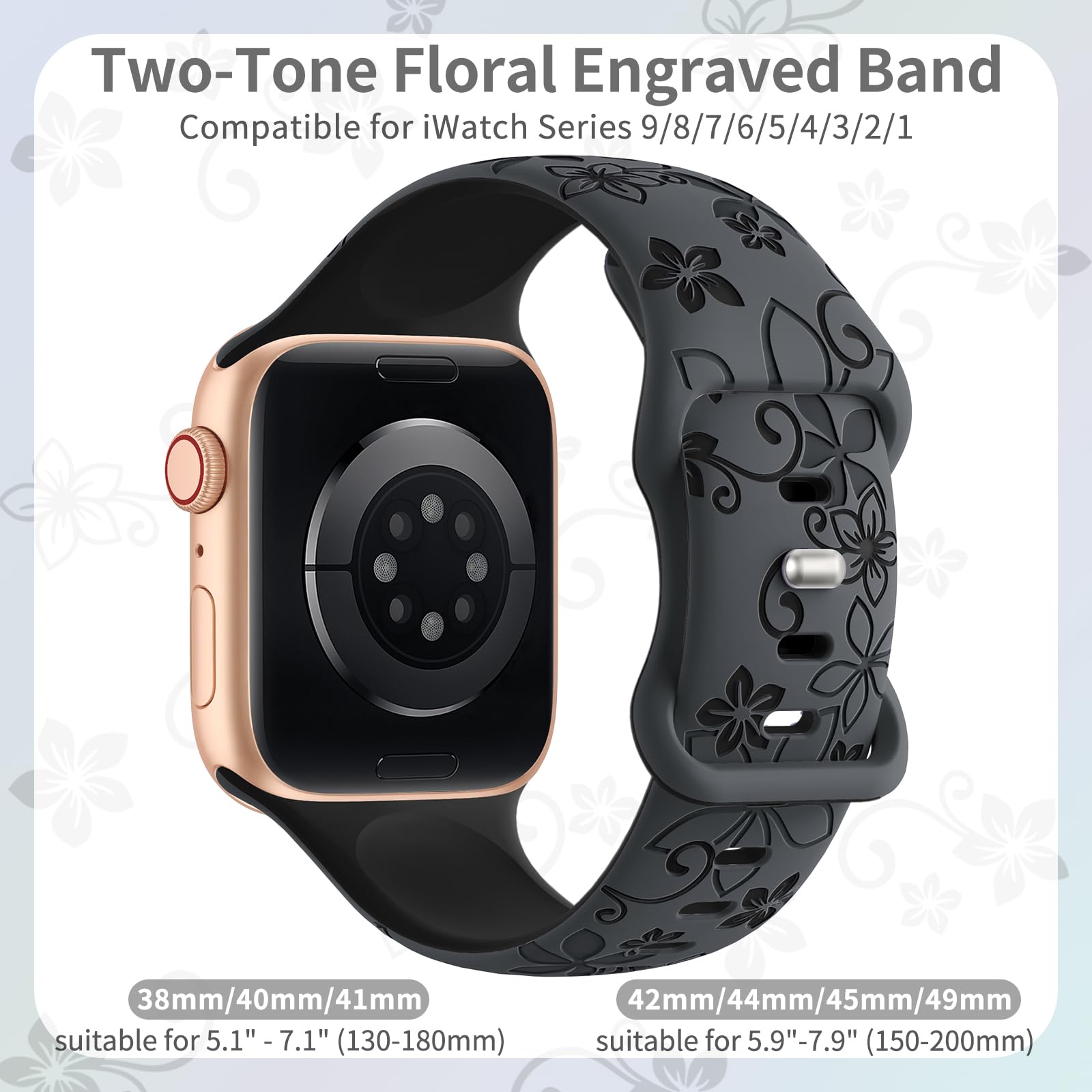 Floral Engraved Apple Watch Bands 38mm 40mm 41mm 42mm 44mm 45mm 46mm 49mm - Soft Silicone Sport Strap Compatible with iWatch Series 10/9/8/7/6/5/4/3/2/1/SE/Ultra - Women's Fashion Flower Design Accessory for Workout, Running & Everyday Wear