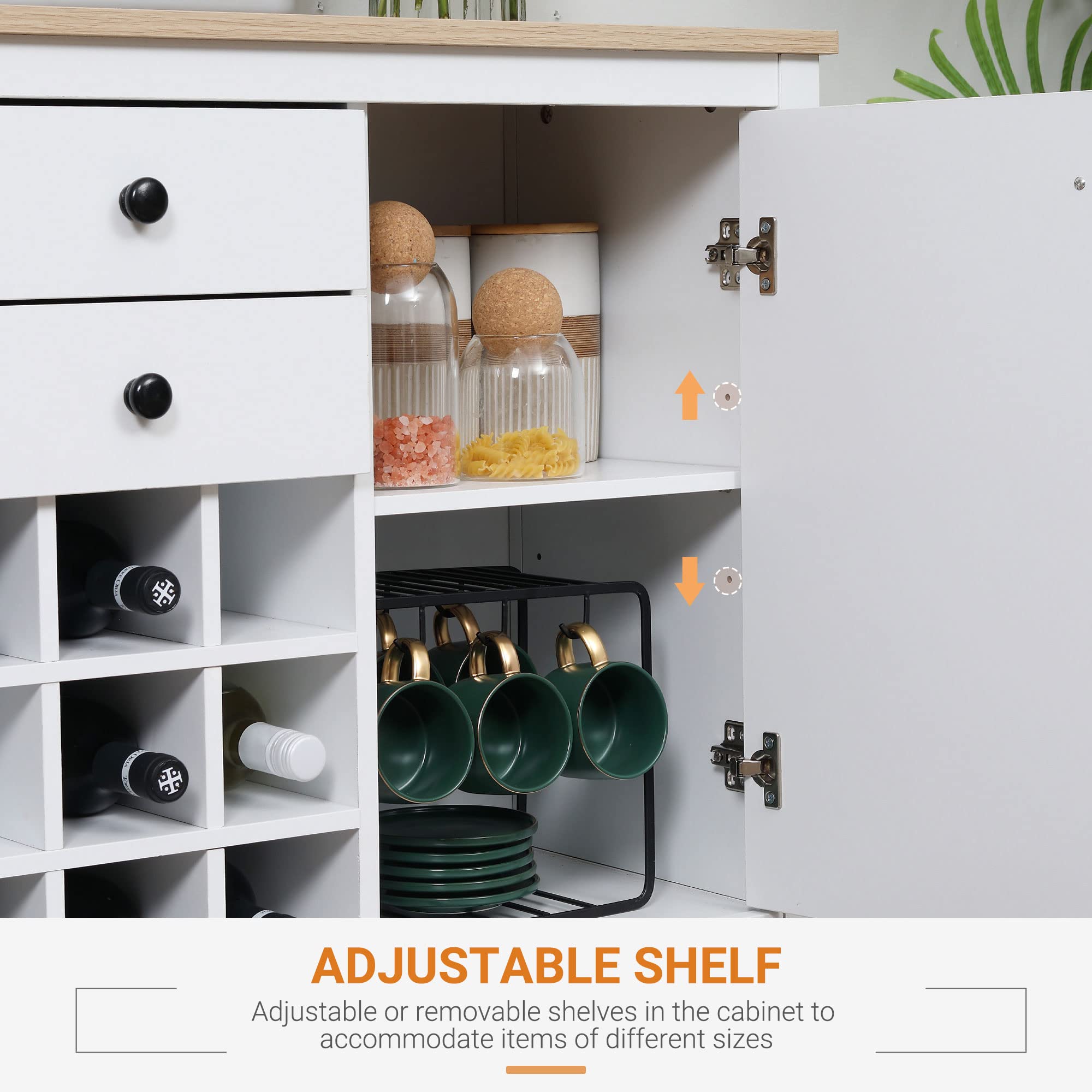 HOMCOM Coffee Bar Cabinet with 9-Bottle Wine Rack - Sideboard Buffet Cabinet with Drawers & Adjustable Shelves in Natural & White - Perfect for Kitchen, Dining Room & Home Bar Organization