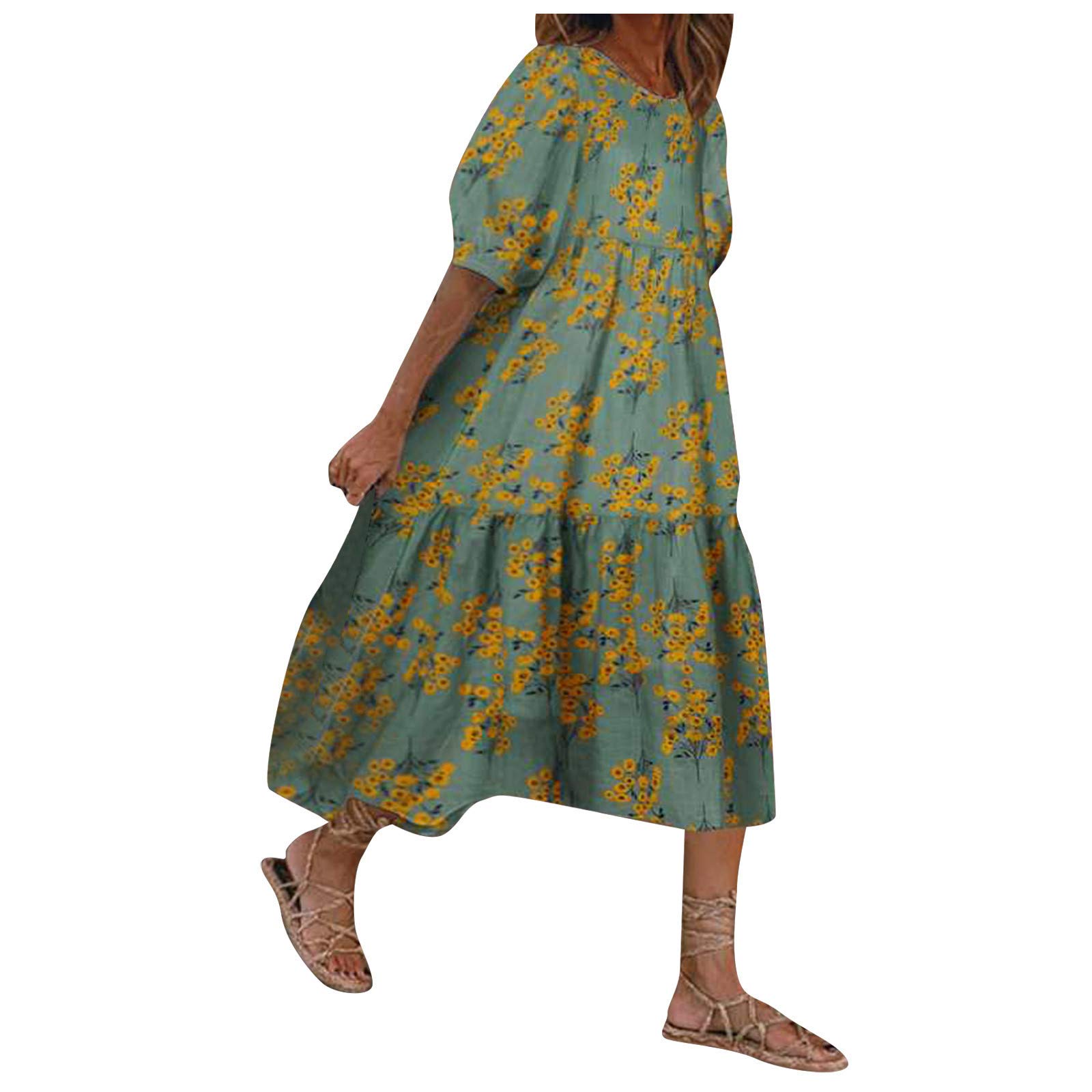 MORECON Women's Floral Print Puff Sleeve Maxi Dress - Elegant Casual Loose Fit Splicing Prom Dress for Teens & Flower Girls | Perfect for Weddings, Parties & Summer Outfits (Green 02)