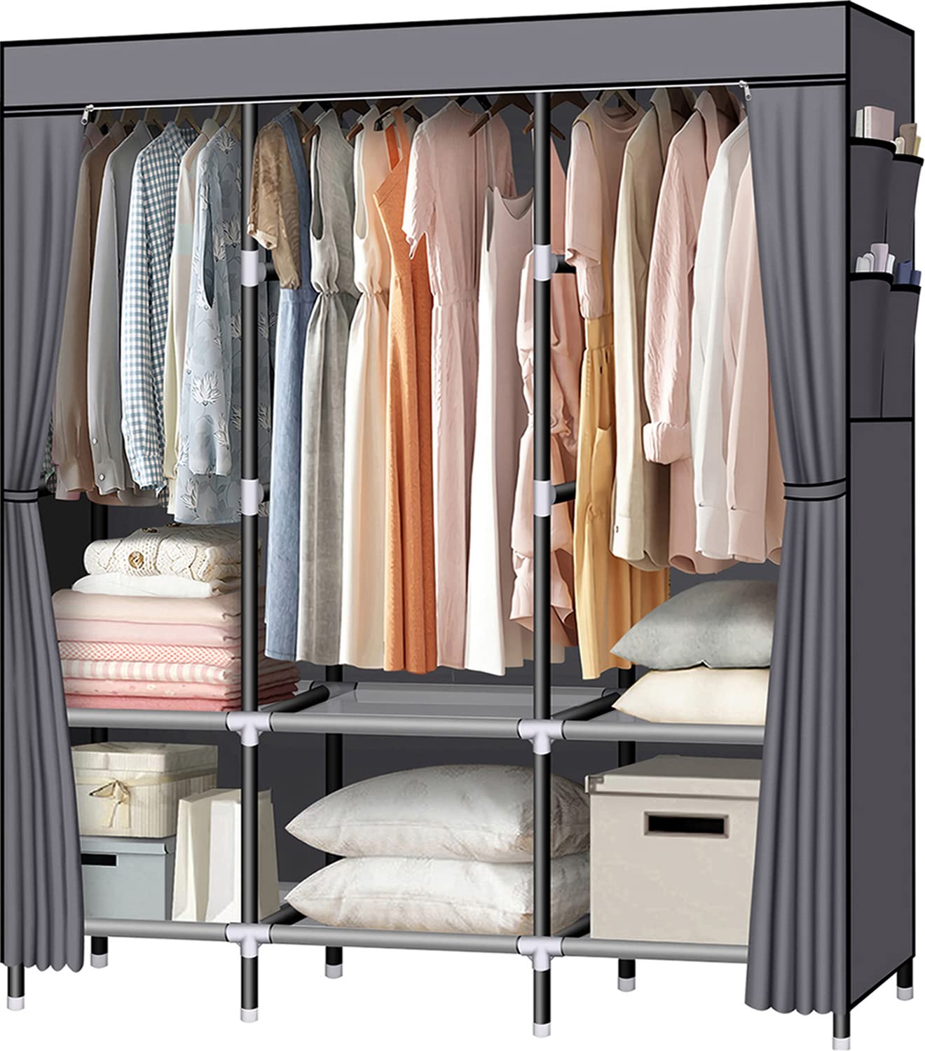 LOKEME 61-Inch Portable Closet Wardrobe with 3 Hanging Rods & 6 Shelves, Non-Woven Fabric Freestanding Closet Organizer for Bedroom, Closet, Dorm, Travel - Easy Assembly with Side Pockets (Grey) | Perfect for Small Spaces, Temporary Storage & Seasonal Clothing Organization