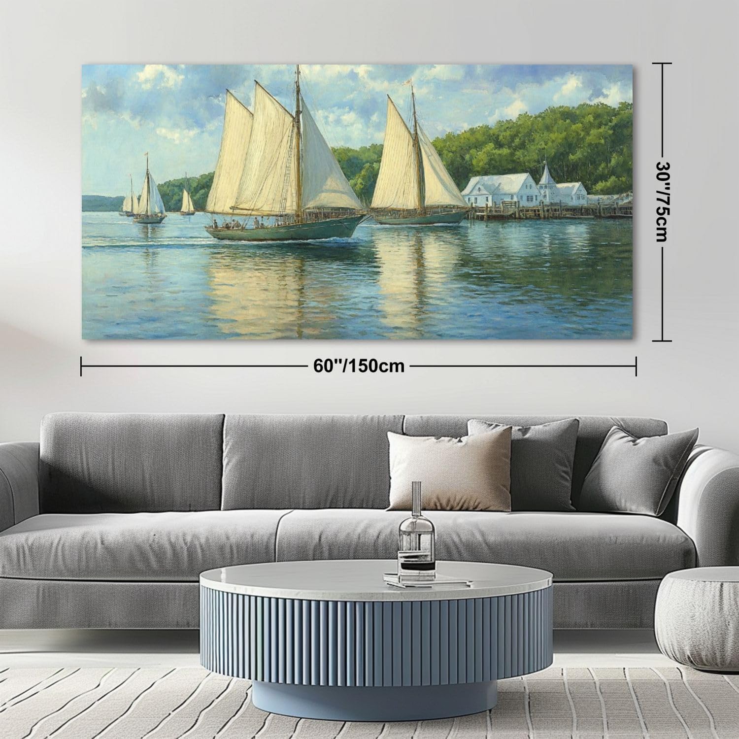 Framed Canvas Wall Art - Ocean Landscape Sailboat Abstract Painting 30