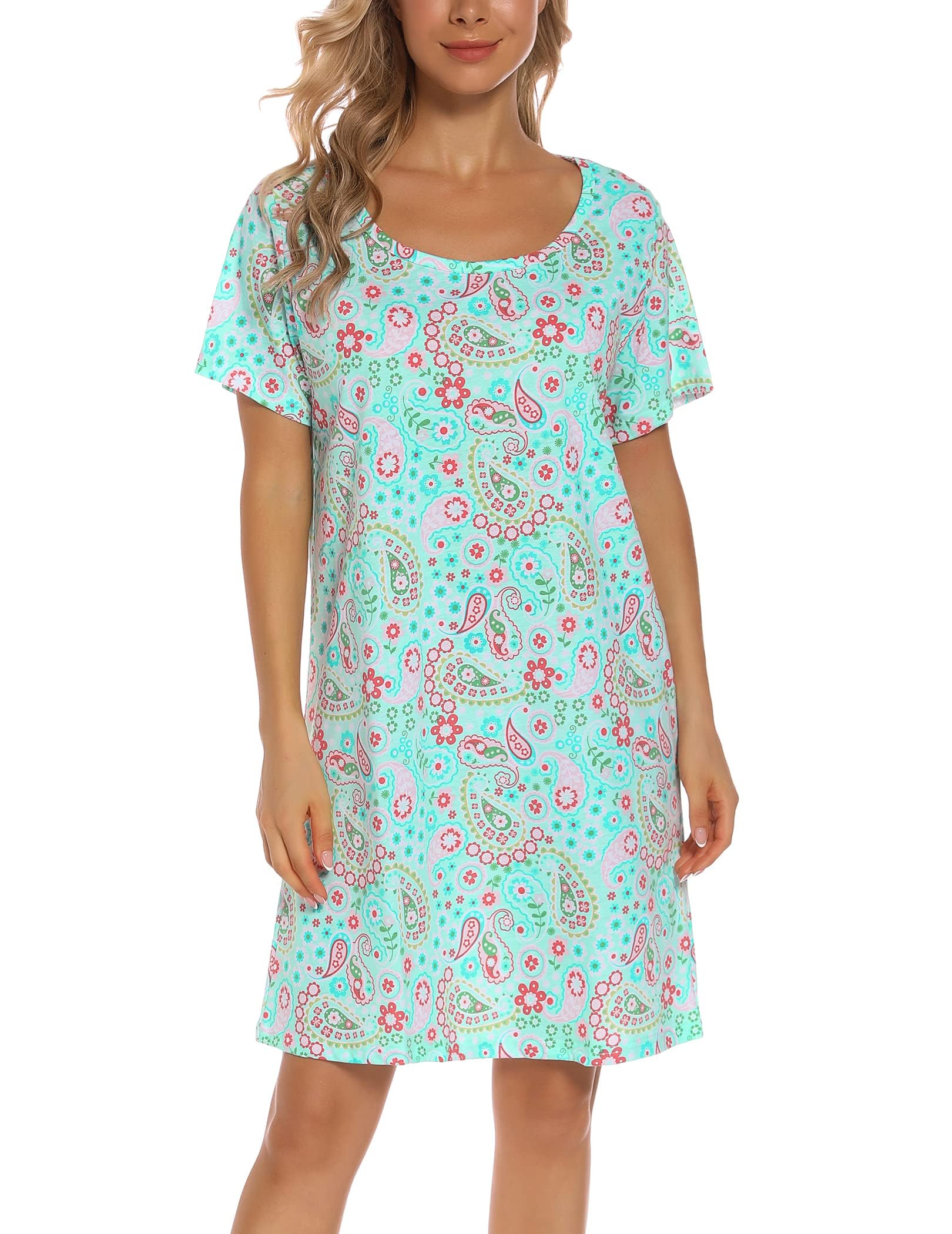ENJOYNIGHT Women's Cotton Nightgown - Soft Short Sleeve Sleepshirt with Floral Print - Comfortable Nightwear for Sleeping, Lounging & Maternity Wear