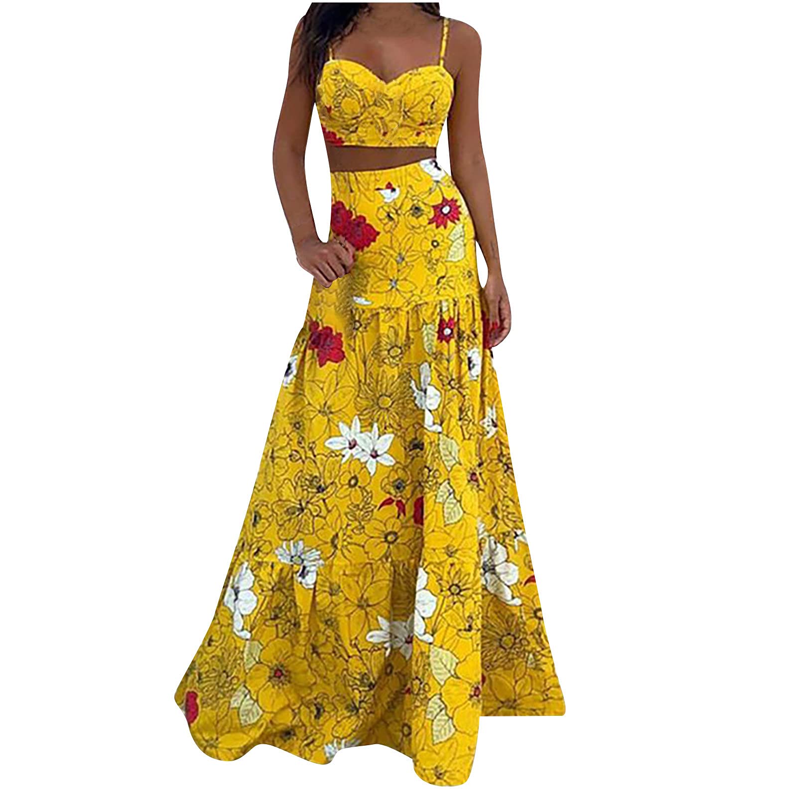 Bohemian Two Piece Dress Set for Women - Sexy Cami Crop Top & Floral Maxi Skirt | Summer Beach Outfit, Music Festival Wear, Vacation Style