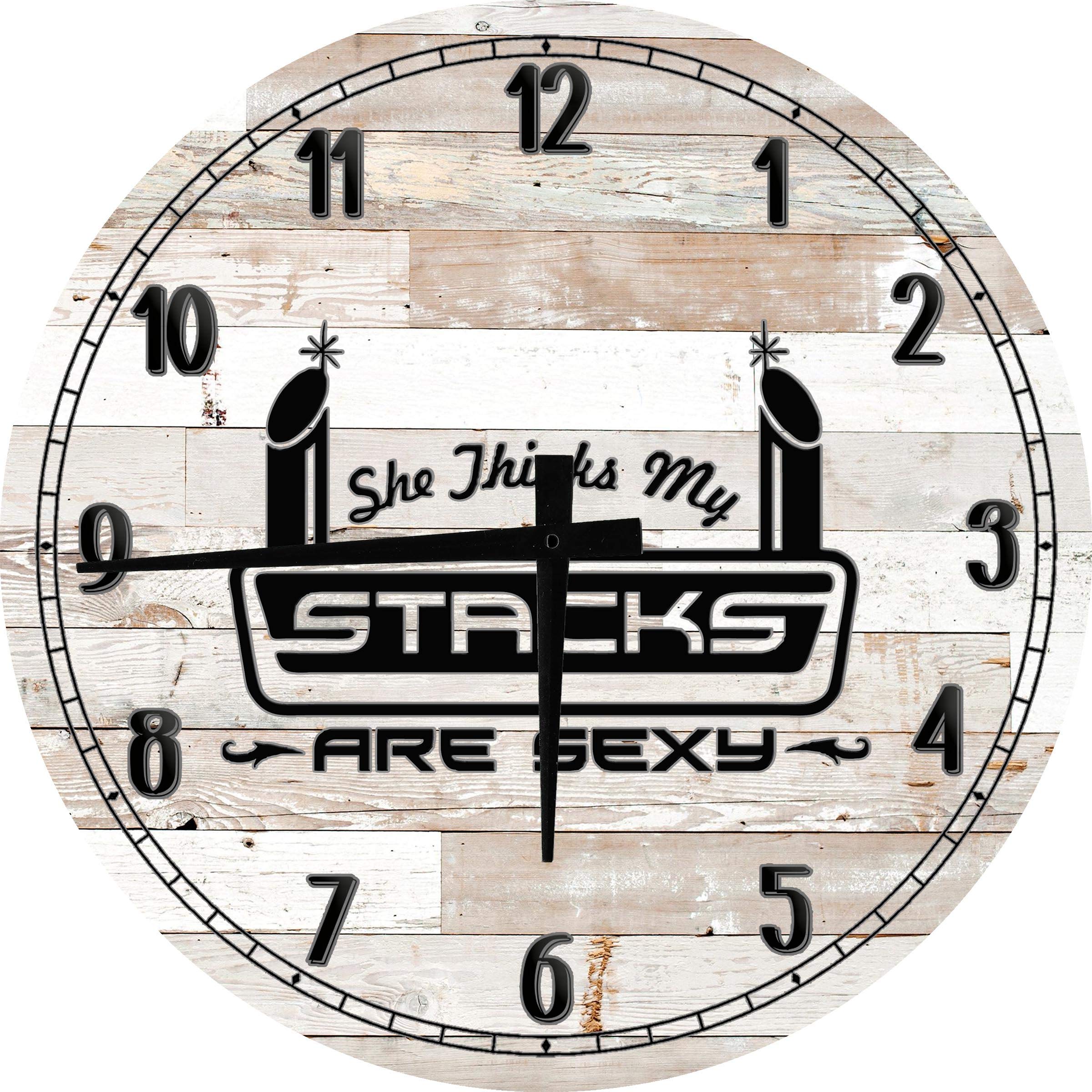 Men's Sexy Stacks Mechanic Trucking Large Round Wood Wall Clock - 18 Inch White - Perfect for Garage, Workshop, and Industrial Decor