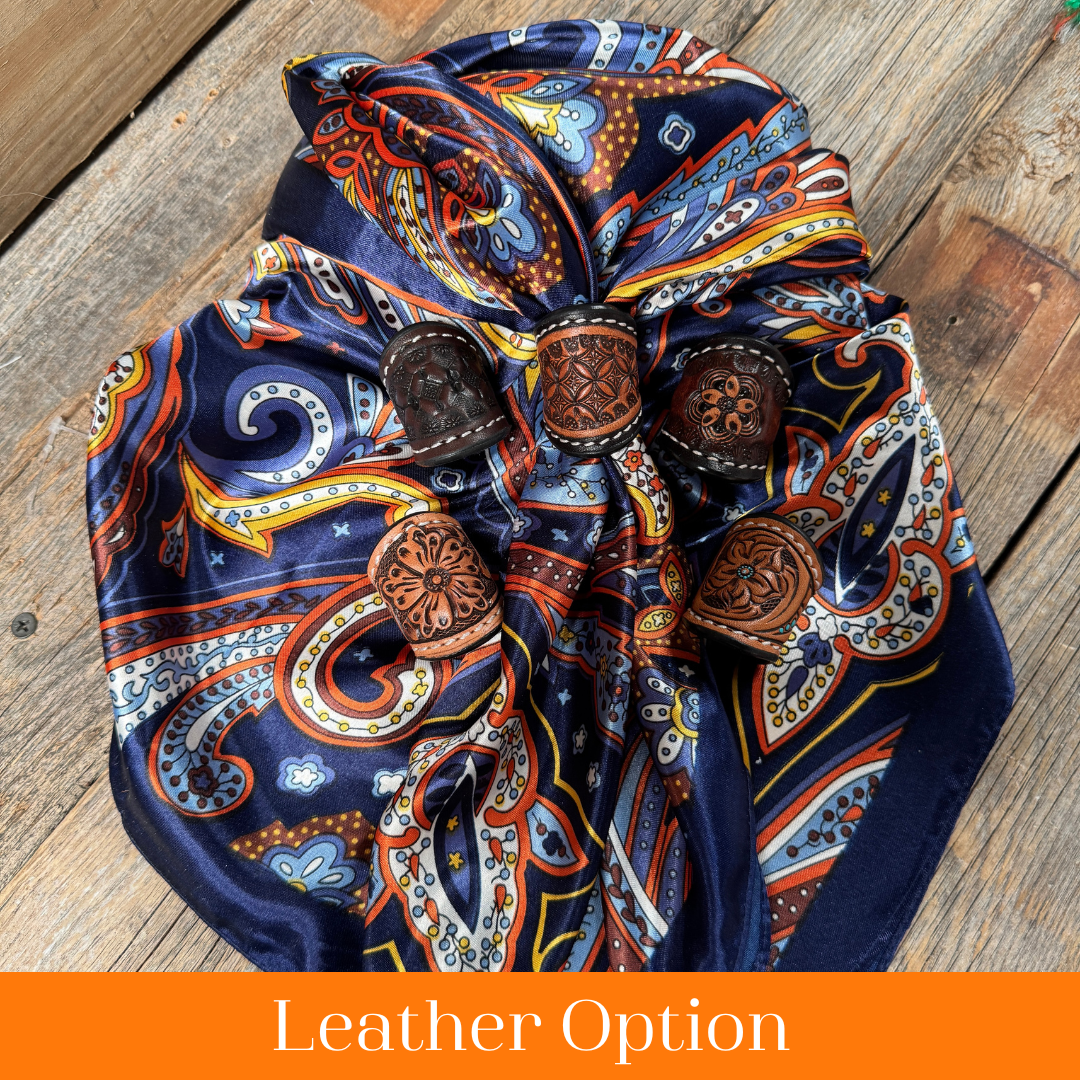 35x35 Inch Blue Hippie Paisley Wild Scarf WR906 with Tooled Leather Slides - Perfect for Cowboy Outfits, Western Fashion & Outdoor Adventures