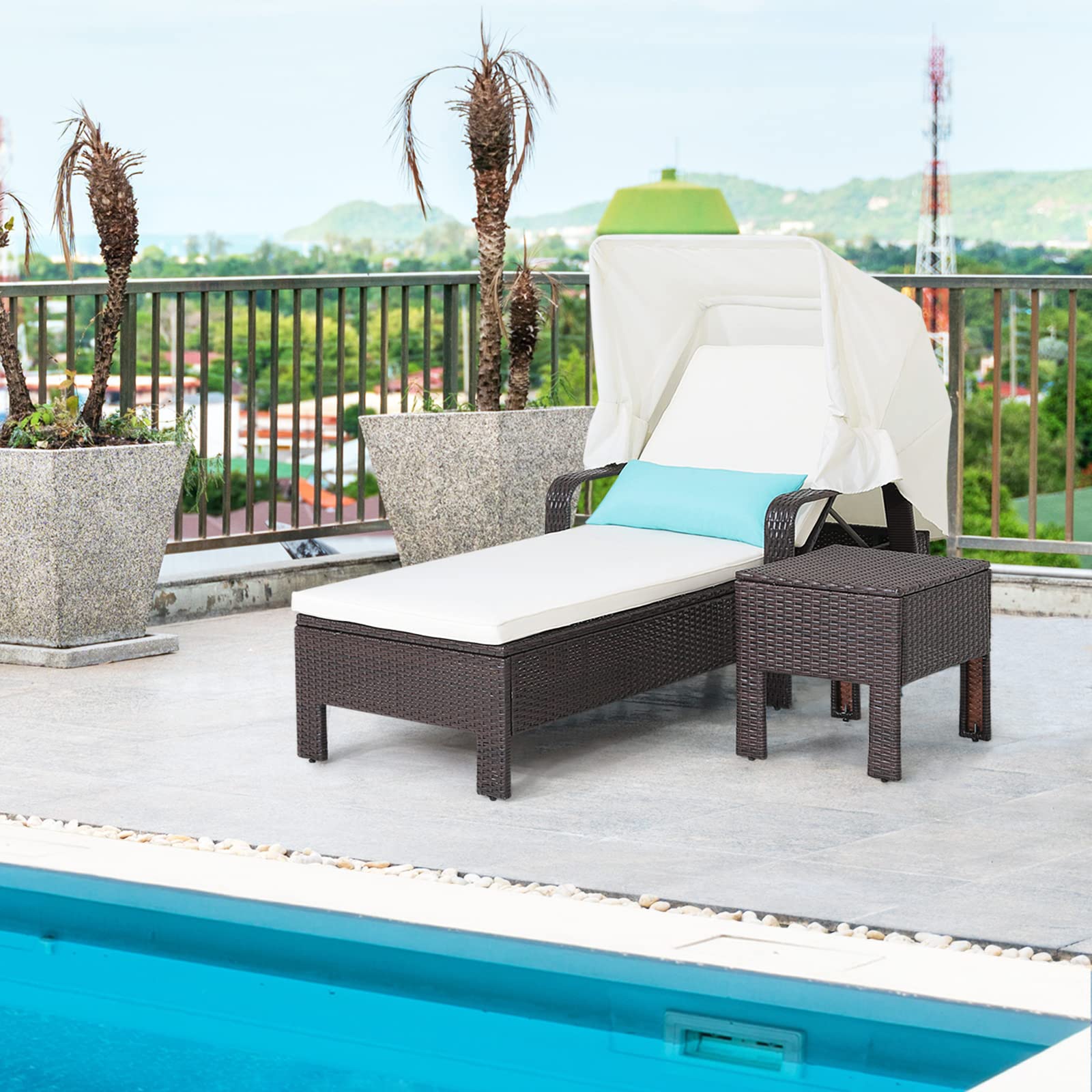 Tangkula Outdoor Chaise Lounge Chair Set with Folding Canopy & Adjustable Backrest - Patio Rattan Recliner with Cushion & Side Table - Perfect for Poolside Relaxation, Backyard Lounging & Beach Vacation