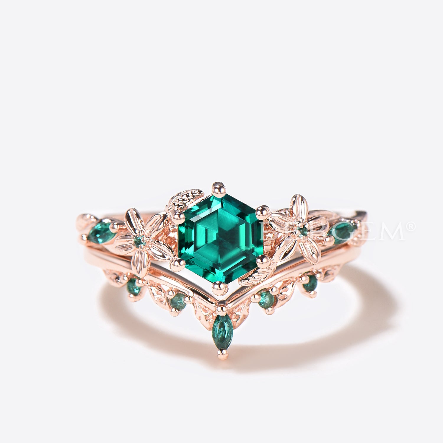 Hexagon Cut Emerald Engagement Ring in Rose Gold with Leaf Design - Floral Wedding Band for Brides, Anniversaries & Romantic Occasions