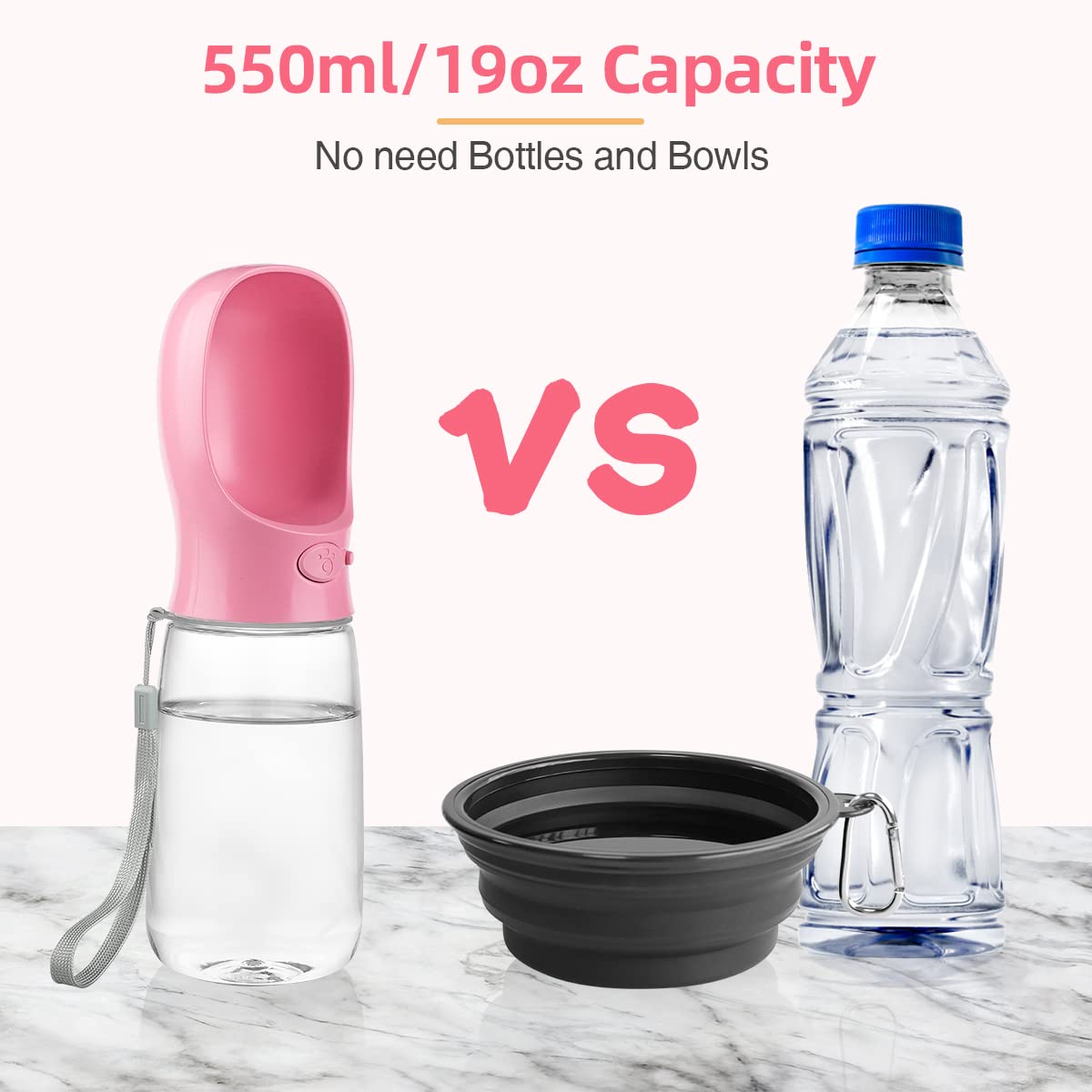 Portable Dog Water Bottle with Bowl - 19oz Lightweight Travel Water Dispenser for Dogs, Puppy Essentials for Outdoor Walking, Hiking & Camping - Pink Pet Accessories (Perfect for Park Visits, Beach Trips & Daily Walks)