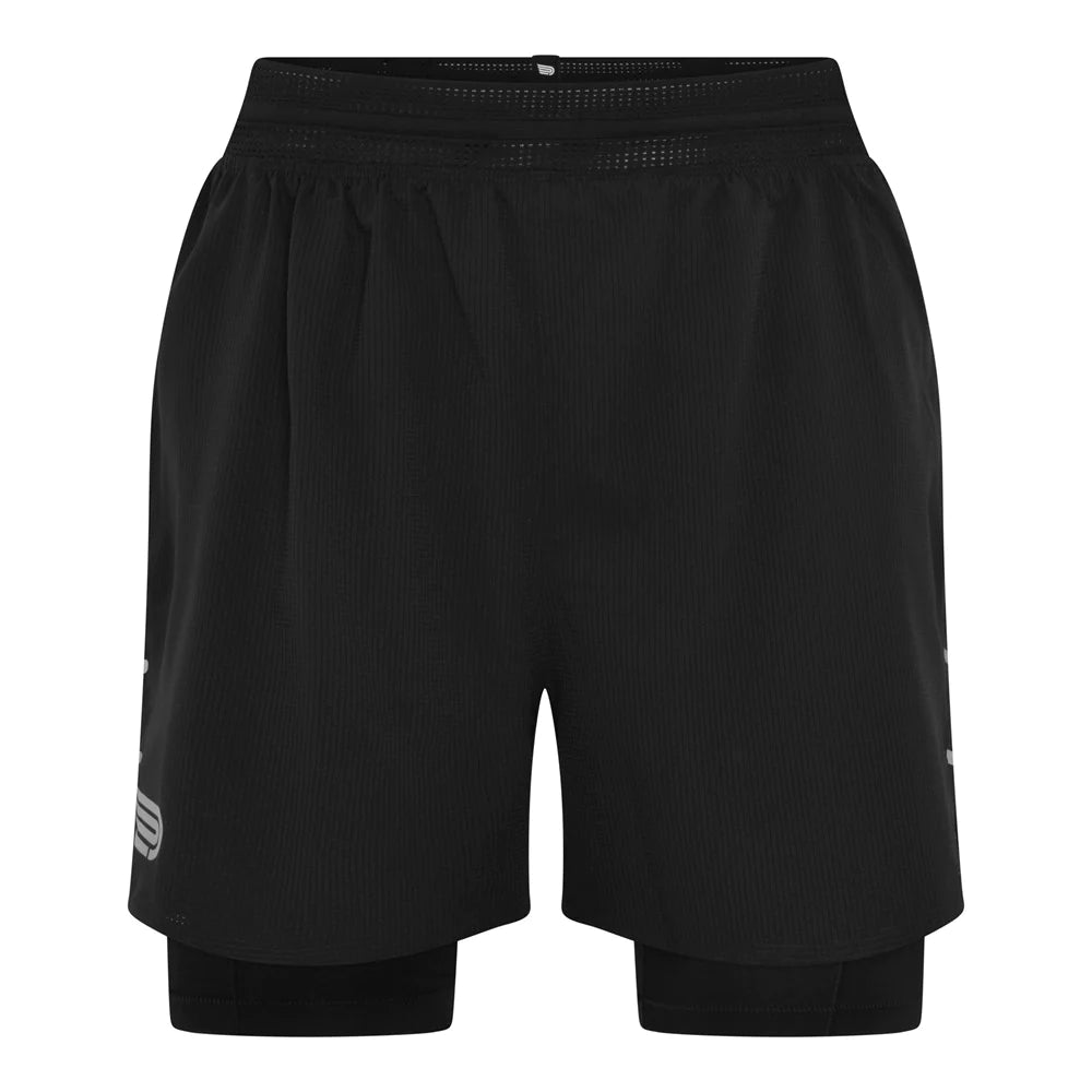 Pressio Men’s Elite 2-in-1 Running Shorts with Liner - Black/Silver - Moisture Wicking Athletic Shorts for Gym, Workout & Outdoor Sports