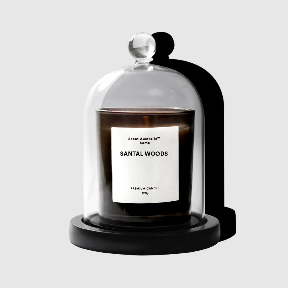 Santal Woods Scented Candle (220g) with Glass Cloche and Wooden Base - Aromatic Home Decor for Relaxation, Meditation & Romantic Ambiance | Scent Australia Home Fragrance Gift Set