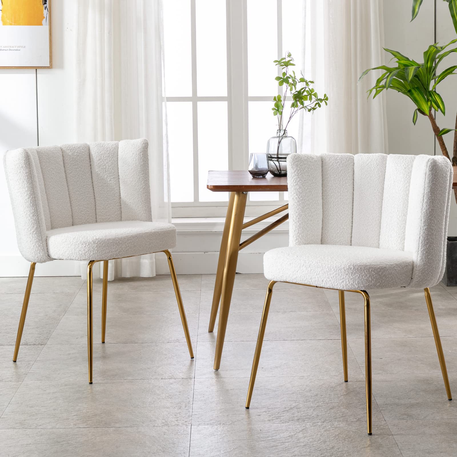 Set of 2 Mid Century Modern Dining Chairs with Gold Metal Legs & White Boucle Upholstery - Elegant Accent Chairs for Living Room, Kitchen, Dining Room & Bedroom Decor | Perfect for Small Spaces, Breakfast Nooks & Contemporary Home Interiors