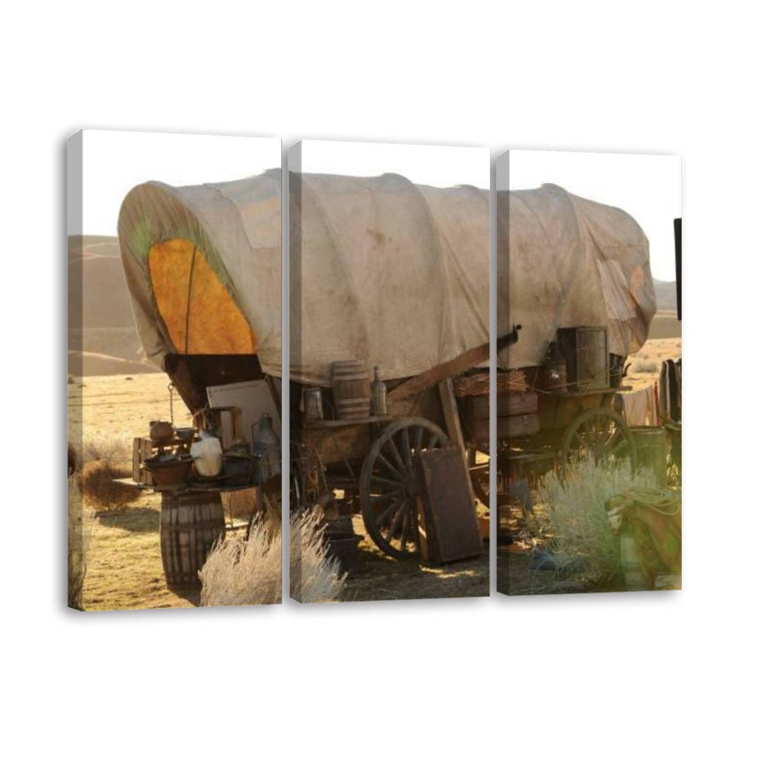 3-Piece Canvas Wall Art Prints - Covered Wagon & Tumbleweed Prairie Landscape Framed Paintings - Modern Western Artwork Posters for Living Room & Office Decor - Ready to Hang (Perfect for Western Theme Home Décor & Cowboy Style Interior Design)