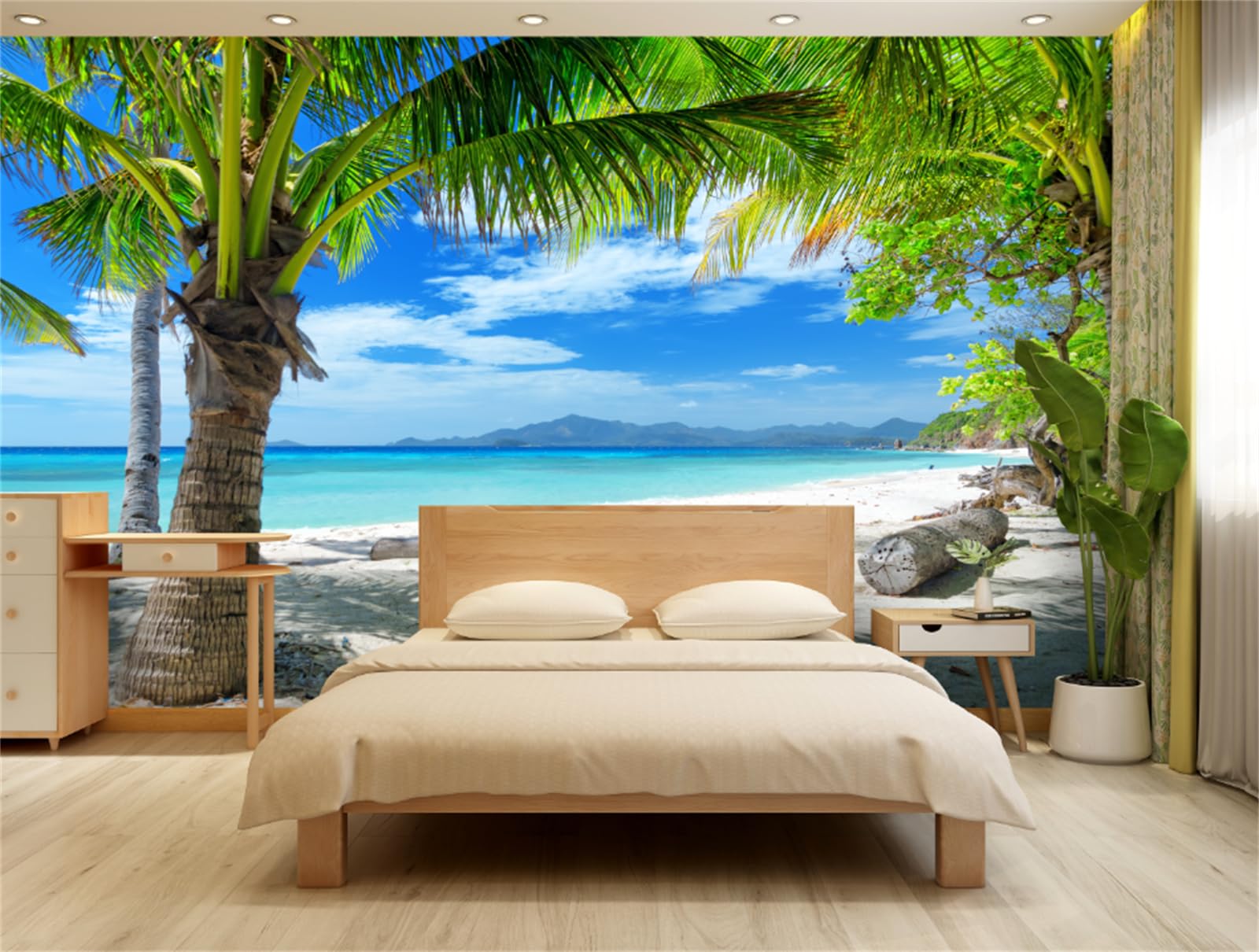 FLFK 3D Peel and Stick Wallpaper - Minimalist Green Tree on White Sand Beach Self-Adhesive Mural (78.7x59 inches) for Bedroom, Living Room, Nursery & Office Decor - Easy DIY Home Renovation & Accent Wall Design