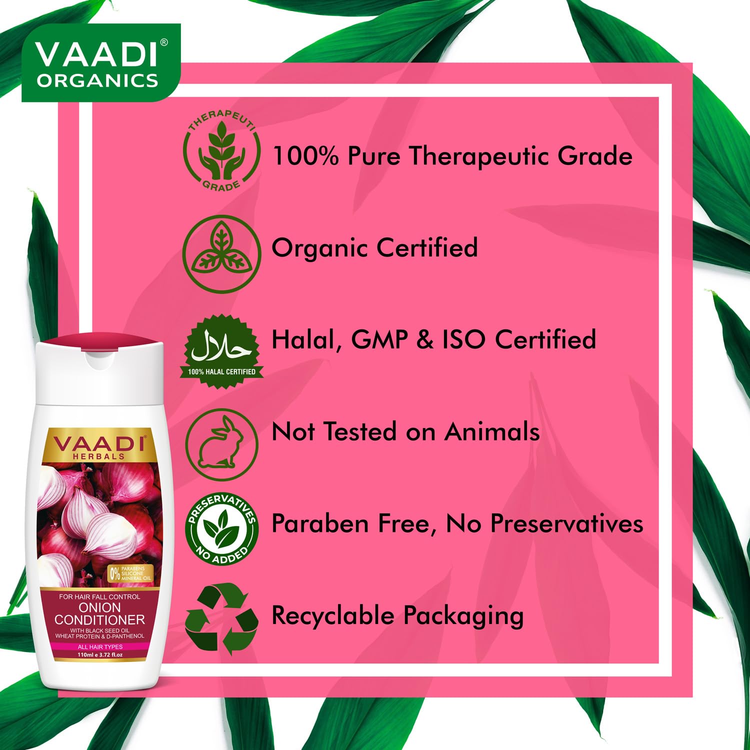 Vaadi Herbals Onion Hair Fall Conditioner for Dry Damaged Hair - Sulfate Free with Onion Extract, Black Seed Oil & Wheat Protein - Deep Hydration for Frizzy Hair - Perfect for Daily Hair Care & Repair (110ml)