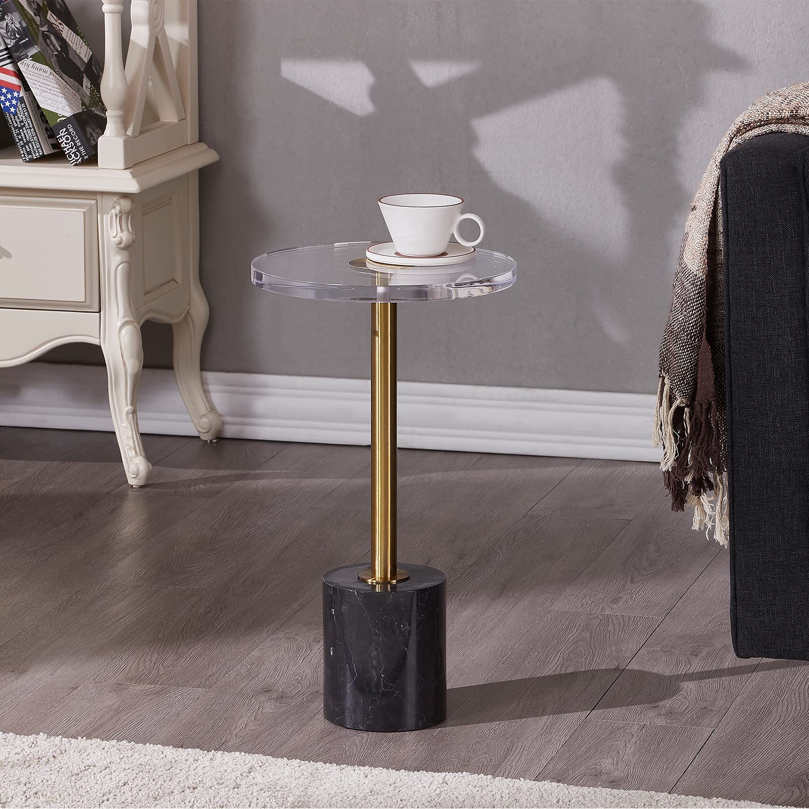 LIKENOW Clear Acrylic Side Table with Marble Base & Gold Post - Modern Round End Table for Living Room, Bedroom, Office | Small Nightstand for Drinks, Snacks, Books | Easy Assembly (Black) - Perfect for Coffee Tables, Guest Rooms & Small Spaces