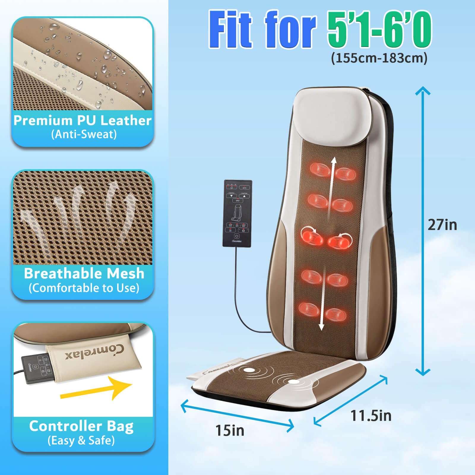 Shiatsu Back Massager with Heat - Deep Tissue Kneading Massage Chair Pad for Stress Relief, 2 Vibration Motors, Back Waist & Hip Massager, PU Leather - Perfect for Home, Office & Car Use