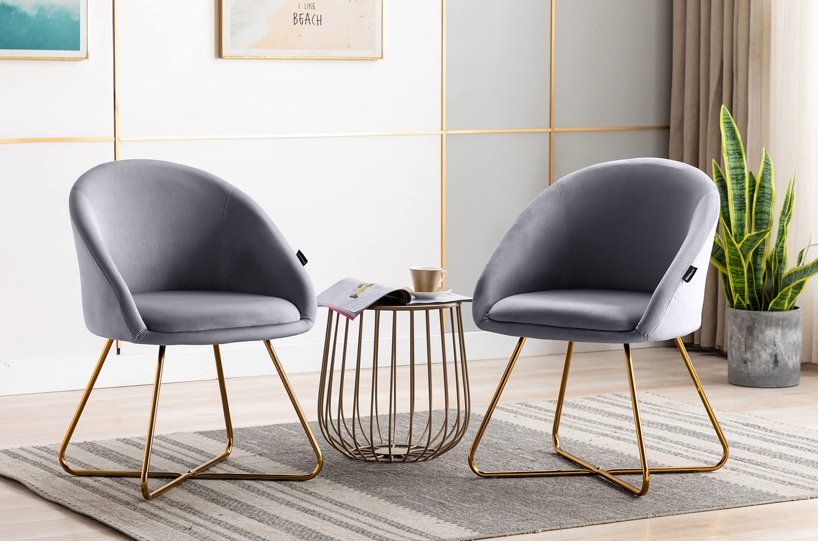 Artechworks Modern Velvet Dining Chairs Set of 2 - Luxury Accent Armchairs with Golden Metal Legs for Living Room, Bedroom, Dining Room & Office - Soft Grey Velvet Upholstered Lounge Chairs - Perfect for Home Decor, Hotel Reception & Coffee Shops