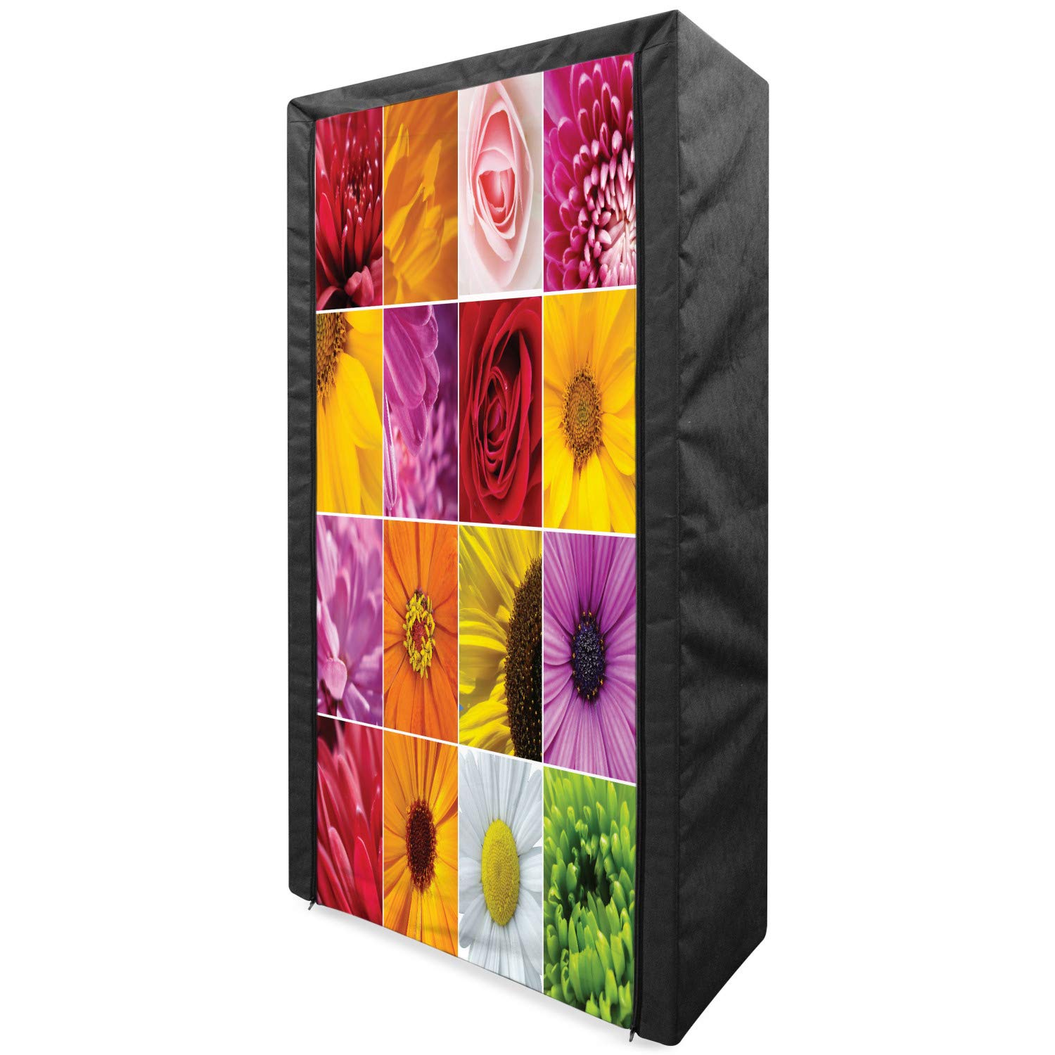 Ambesonne Floral Fabric Wardrobe - Portable Closet Organizer with Shelves for Clothes Storage, 33.5 Inch, Orange Yellow Pink Chrysanthemum Rose Sunflower Design - Perfect for Bedroom, Dorm, Guest Room & Wedding Dress Organization