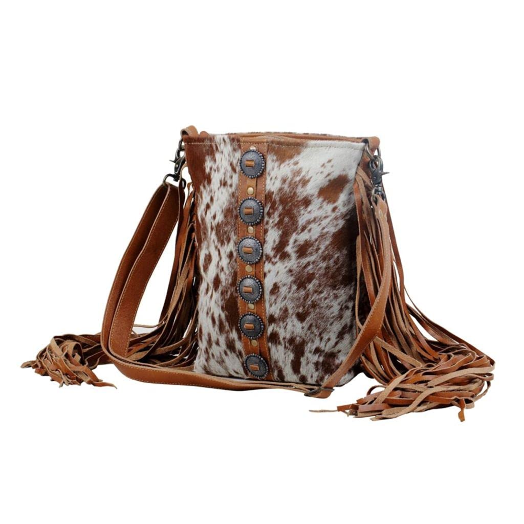 Myra Bag Women's Flouncy Cowhide Handbag - Upcycled Leather & Cowhide Purse S-2850 | Stylish & Eco-Friendly for Work, Travel & Everyday Use