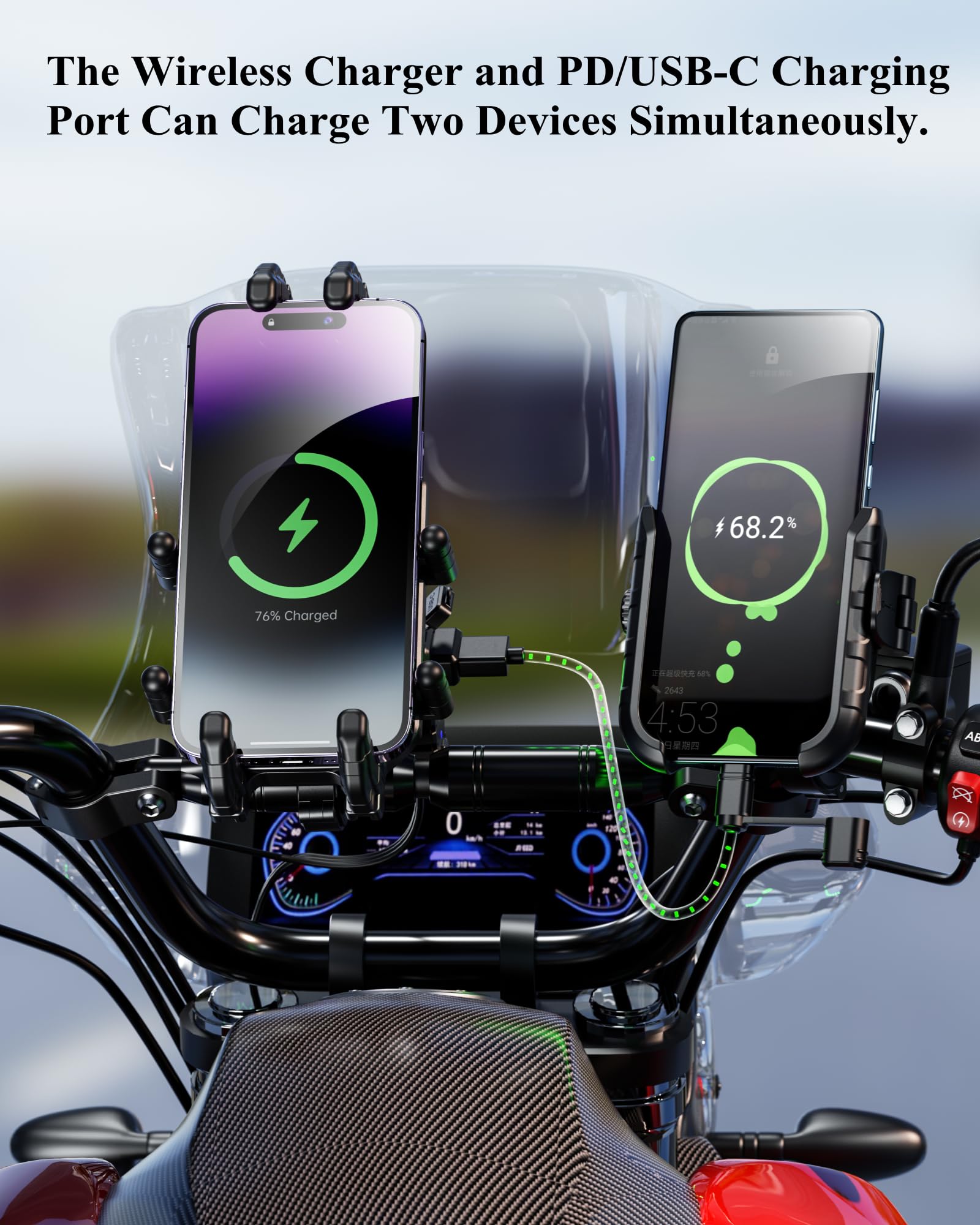 BRCOVAN Motorcycle Phone Mount with Qi 15W Wireless Charger & 30W PD/USB-C Fast Charging - Anti-Theft Handlebar Phone Holder with Vibration Dampener for 5.4''-7.2'' Smartphones - Perfect for Adventure Riding, Commuting & GPS Navigation