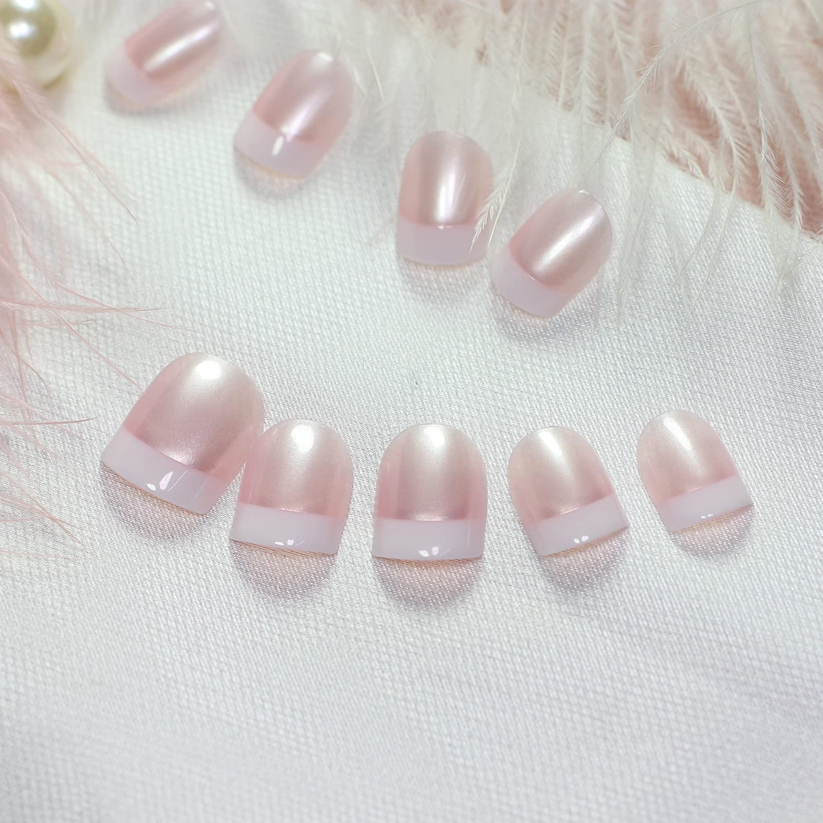 Glossy Pearl Pink & White French Press On Nails - Short Squoval Fake Nails for Women | Reusable Salon Manicure Tips | Perfect for Summer, Weddings & Special Occasions | Nail Art Gift for Women & Girls