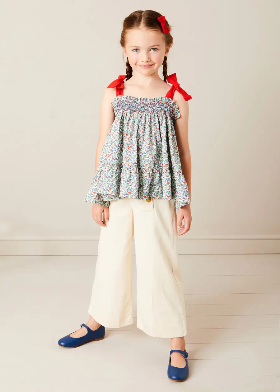 Evelyn Floral Smock Tie Strap Blouse for Girls - Red (Size 4-10 Years) | Perfect for School, Parties & Family Photos