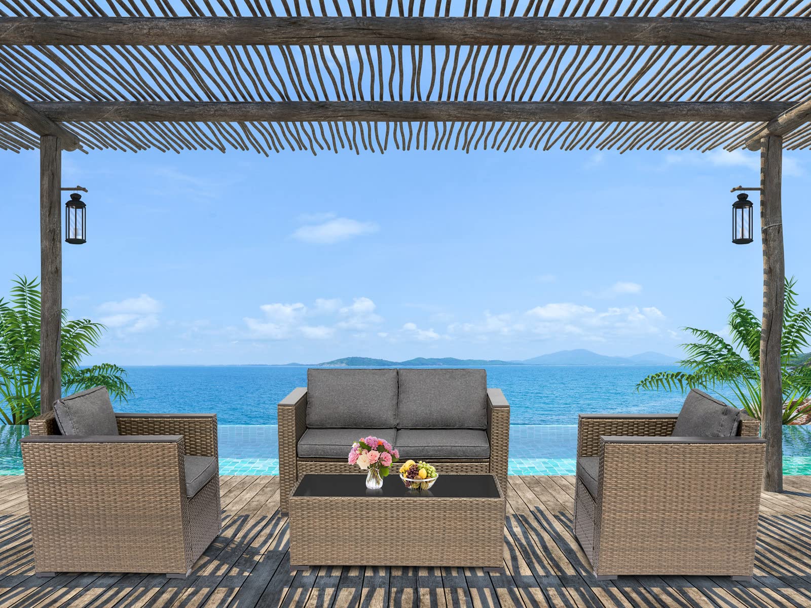 Kinfant 4-Piece Outdoor Patio Furniture Set - Rattan Wicker Sectional Sofa with Glass Coffee Table & Loveseat for Backyard, Garden, Poolside - Durable All-Weather Patio Conversation Set for Relaxing & Entertaining
