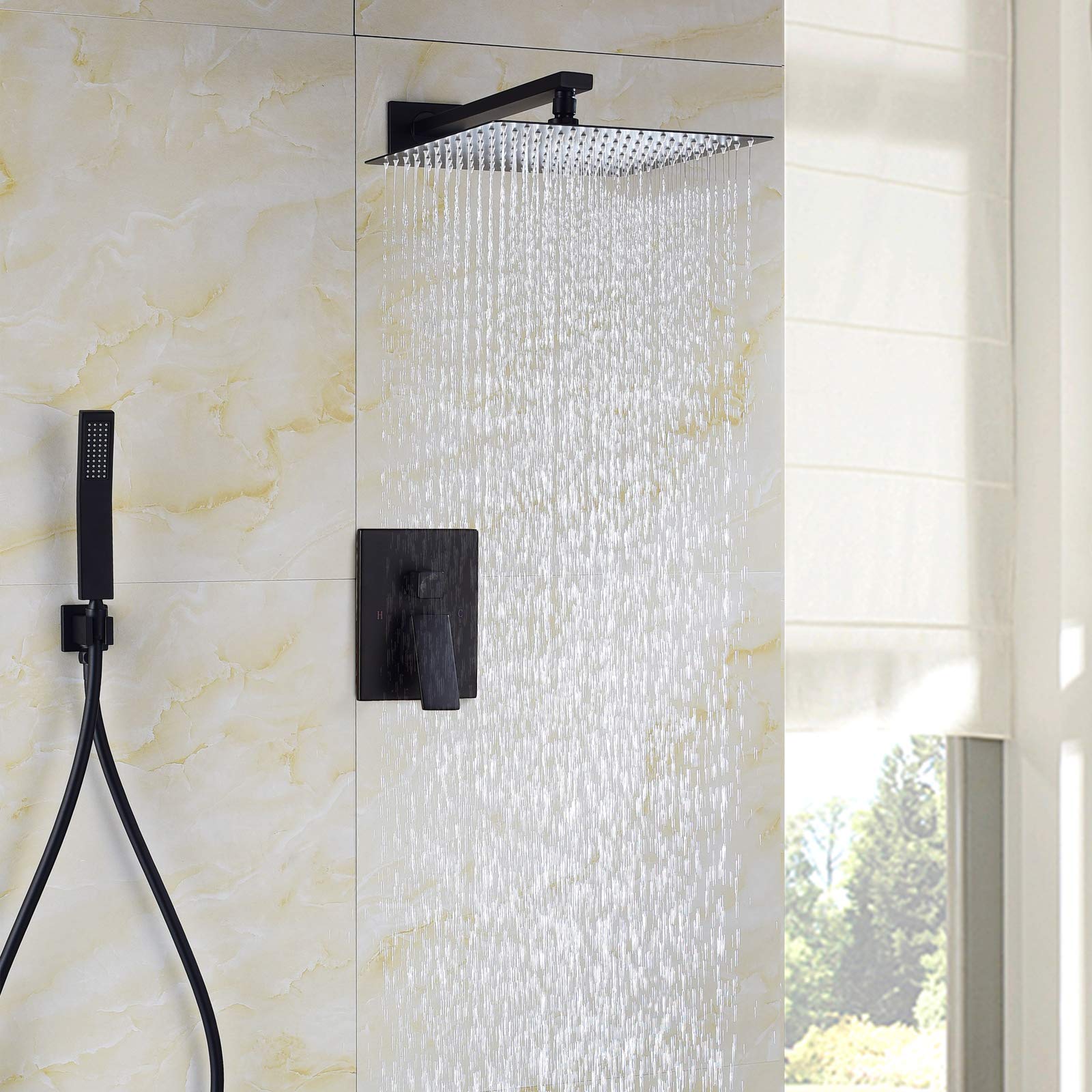 Premium Black Stainless Steel Wall Mounted Shower System Combo - Rain Shower Head & Handheld Spray with Rough-In Valve Trim Kit BB314B | Perfect for Modern Bathroom Renovations & Spa-Like Shower Experience