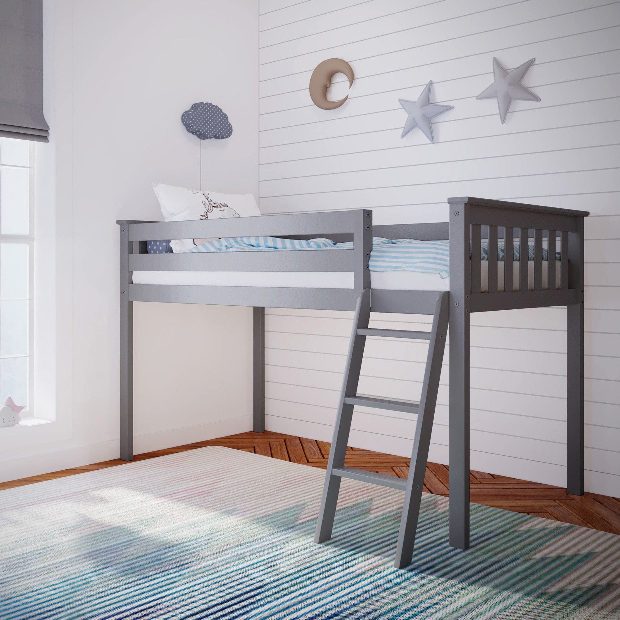 Max & Lily Low Loft Twin Bed Frame for Kids - Sturdy Wooden Bunk Bed with Ladder & Safety Rail - Space-Saving Grey Bedroom Furniture for Small Rooms, Dorms & Kids' Sleepovers