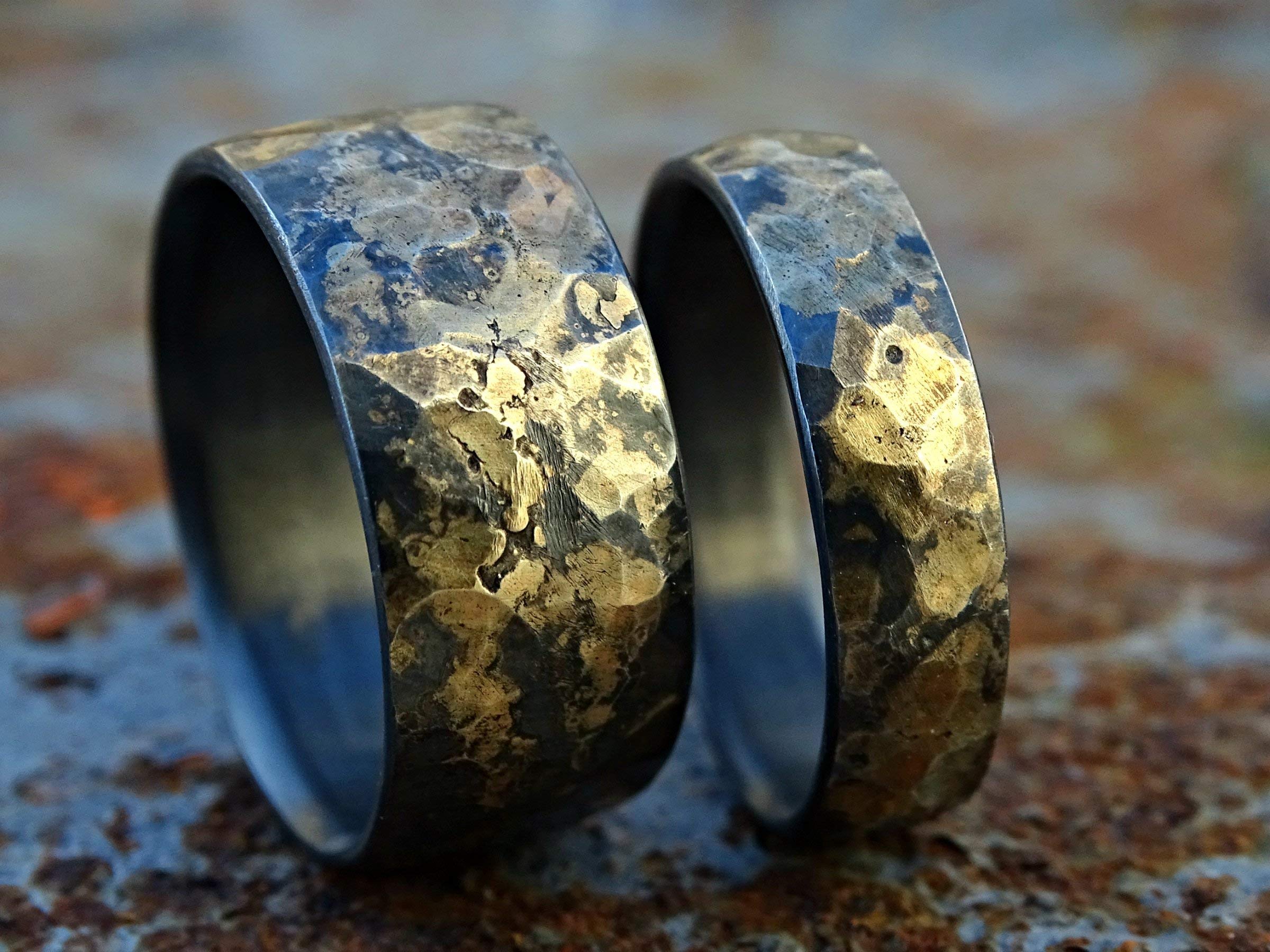 Viking Wedding Ring Set - Matching Oxidized Black Gold Wedding Bands, Forged Celtic Rings for Couples - Perfect for Viking-Themed Weddings, Anniversary Gifts & Medieval Lovers