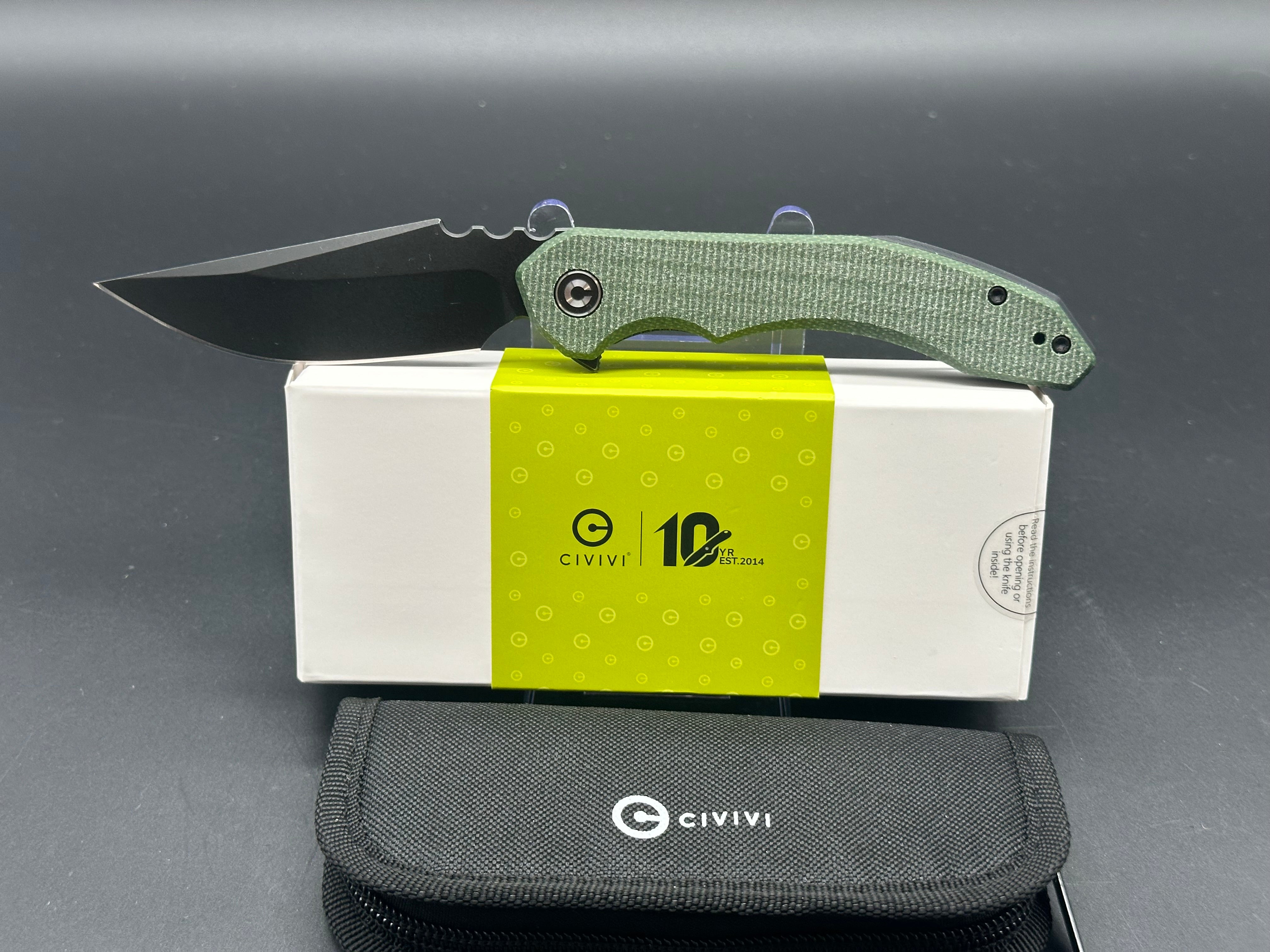 CIVIVI BLUETICK Folding Pocket Knife - Green Canvas Micarta Handle, 14C28N Steel Drop Point Blade, Plain Edge with Black Stonewash Finish (Model C23050-3) - Perfect for Camping, Hiking & Everyday Carry (EDC)
