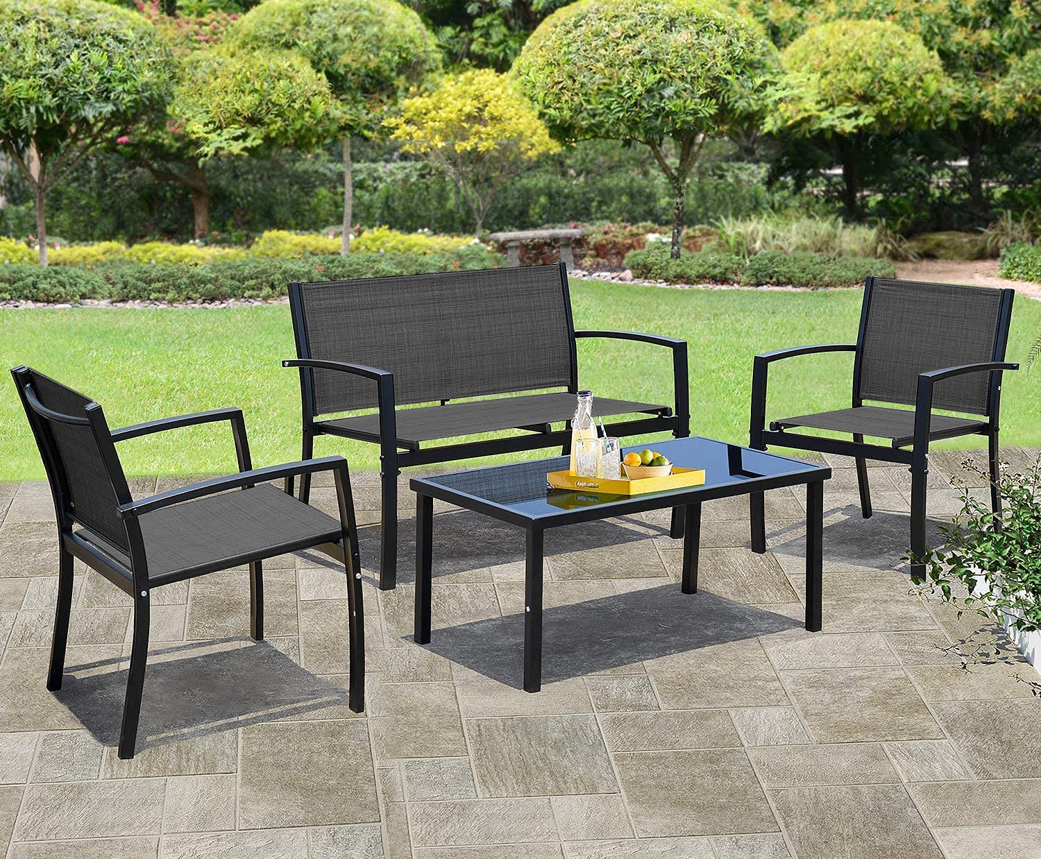 JUMMICO 4-Piece Modern Outdoor Patio Furniture Set - Black Garden Conversation Bistro Set with Glass Coffee Table for Porch, Lawn & Backyard | Perfect for Entertaining, Relaxing & Outdoor Dining