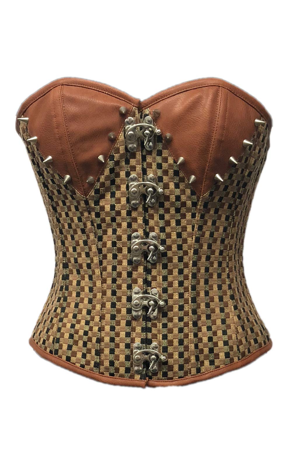 Brown Corset Checkered Print Gothic Steampunk Costume Top - Plus Size Overbust Bustier for Women | Perfect for Cosplay, Halloween, LARP & Victorian Fashion