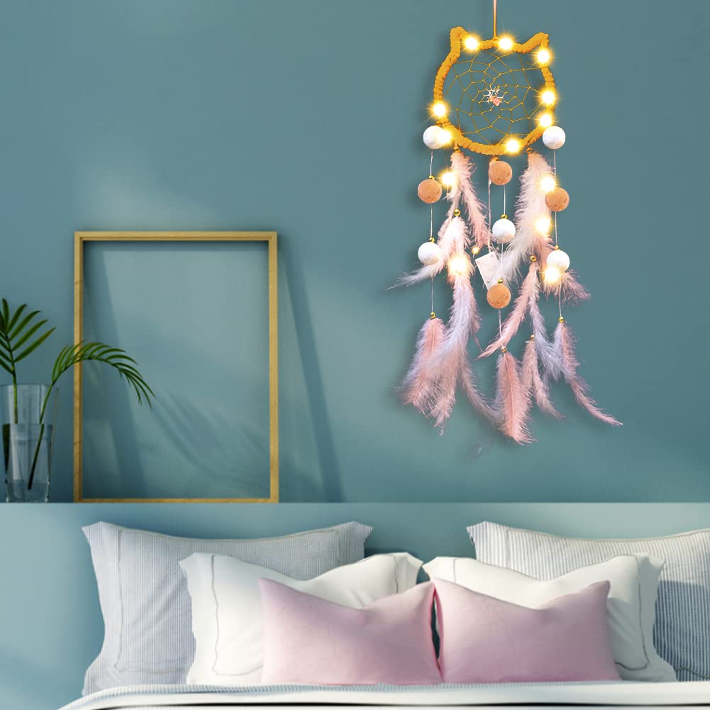 LED Light Up Feather Dream Catcher - Cat Shaped Night Light with Fairy String Lights for Bedroom Decor, Boho Wall Hanging for Girls, Boys, Kids & Adults | Perfect for Nursery, Dorm Room, Meditation Space & Gift Giving
