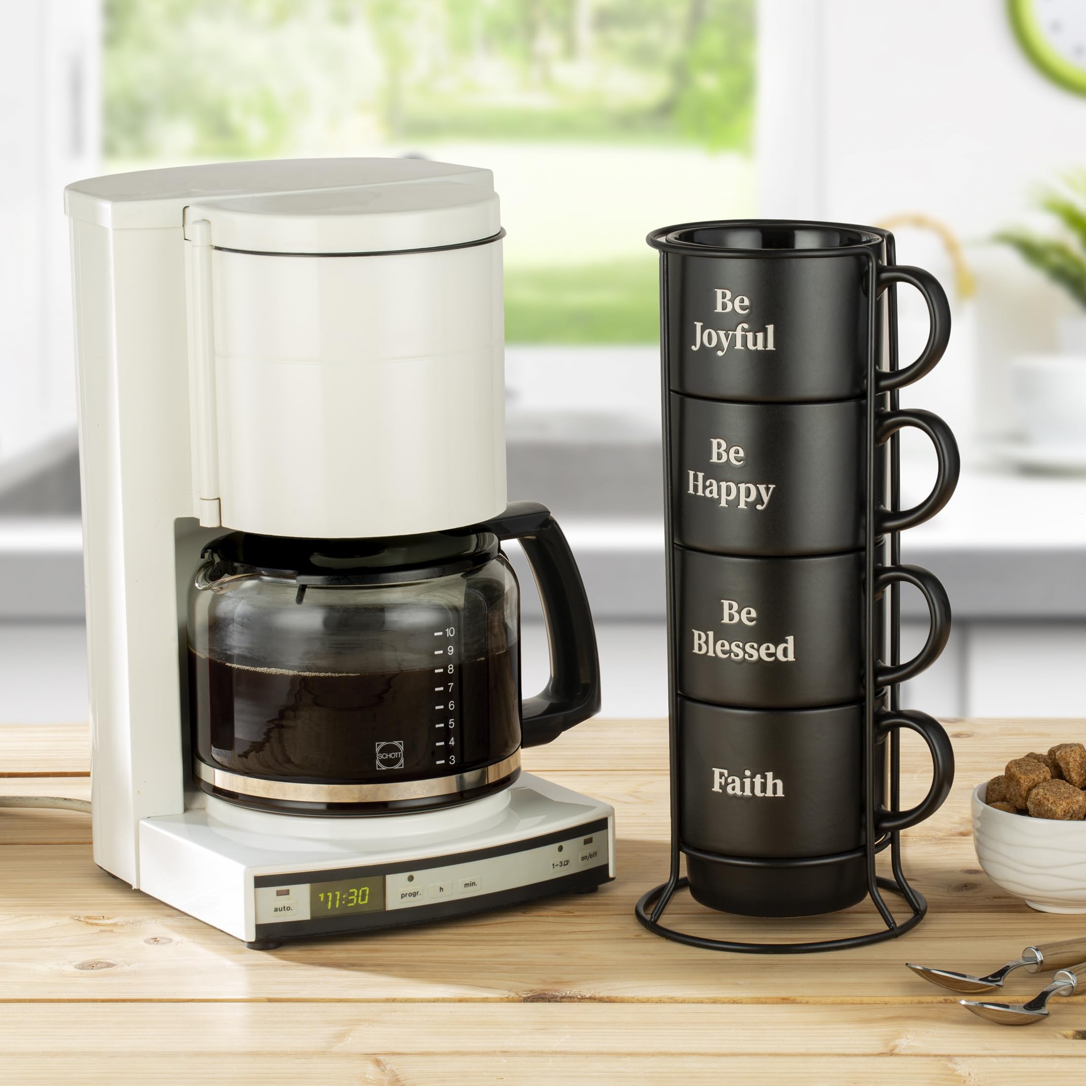 Signature Housewares Be Happy Stackable Stoneware Coffee Mug Set with Metal Rack - 15oz Ceramic Mugs for Coffee, Tea, Hot Chocolate & Milk (Set of 4, Matte Black) - Perfect for Home, Office, Gifts & Entertaining