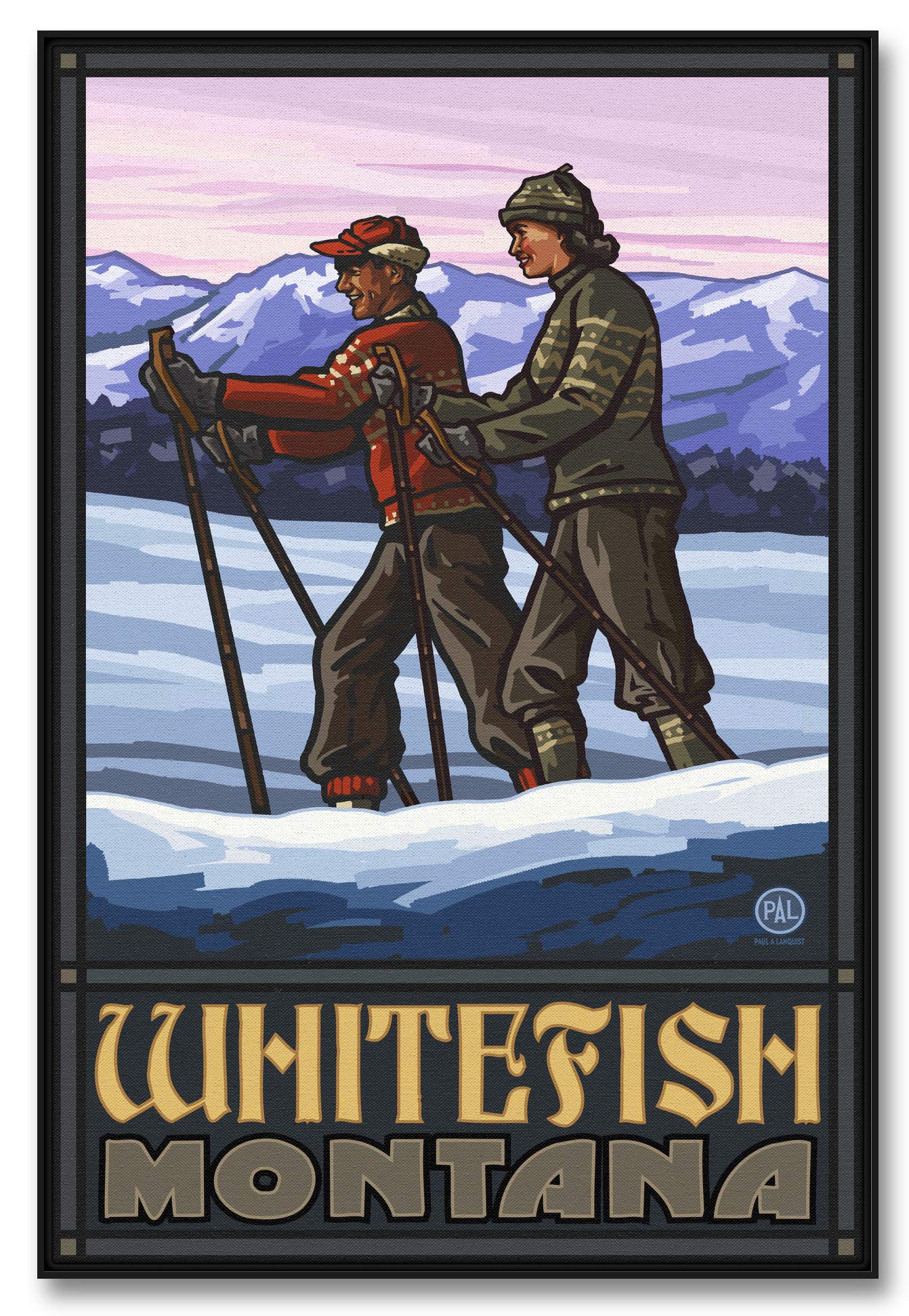 Whitefish Montana Cross Country Skiers Framed Canvas Wall Art - 30x45 Inch Giclee Print by Paul A. Lanquist - Perfect for Living Room, Bedroom & Office Decor - Winter Sports Landscape Painting for Ski Enthusiasts