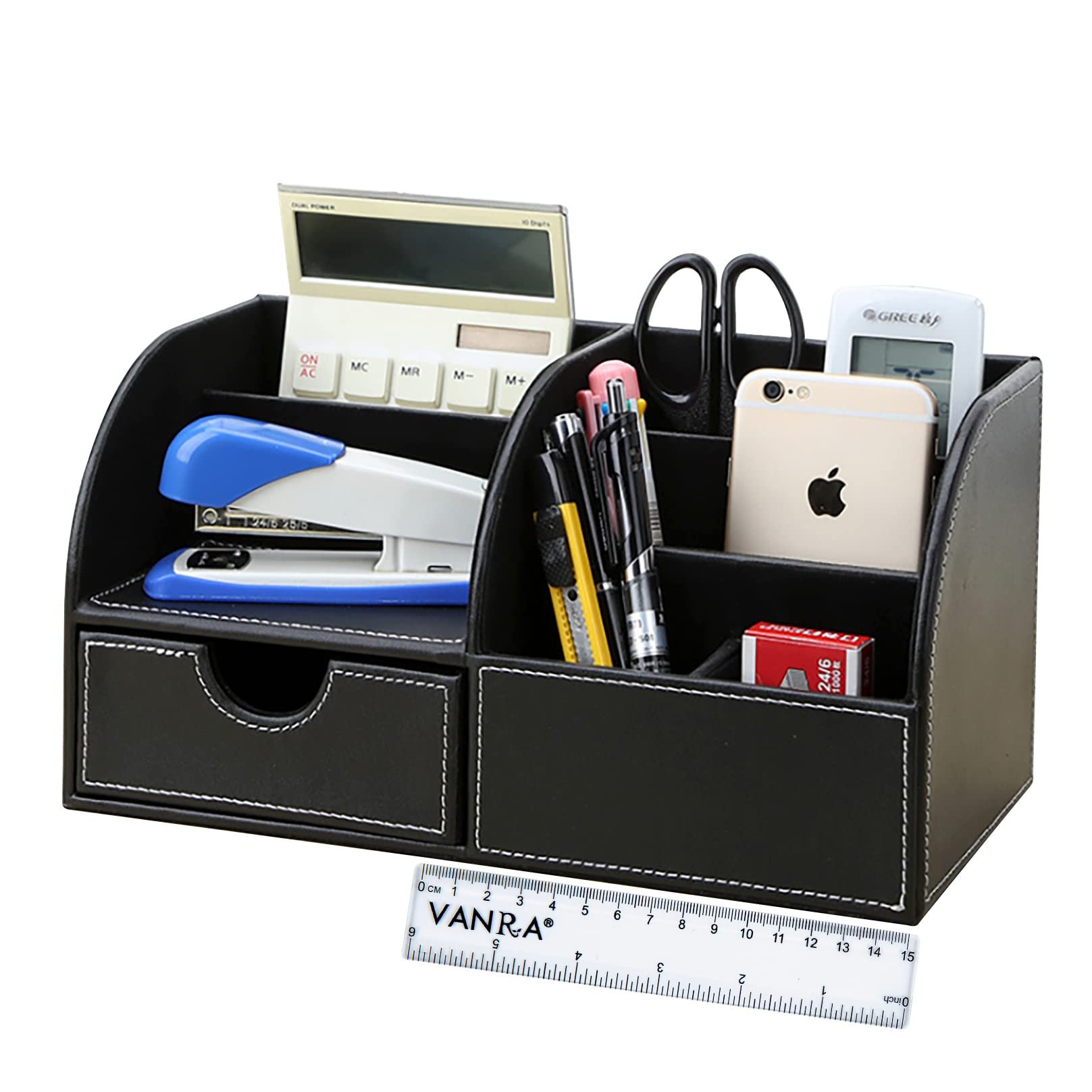 Premium PU Leather Desk Organizer with Drawer - Office Supplies Storage Box for Business Cards, Pens, Pencils | Mobile Phone Stand & Remote Control Holder | Perfect for Home Office, Workstation & Study Desk Organization (Black)