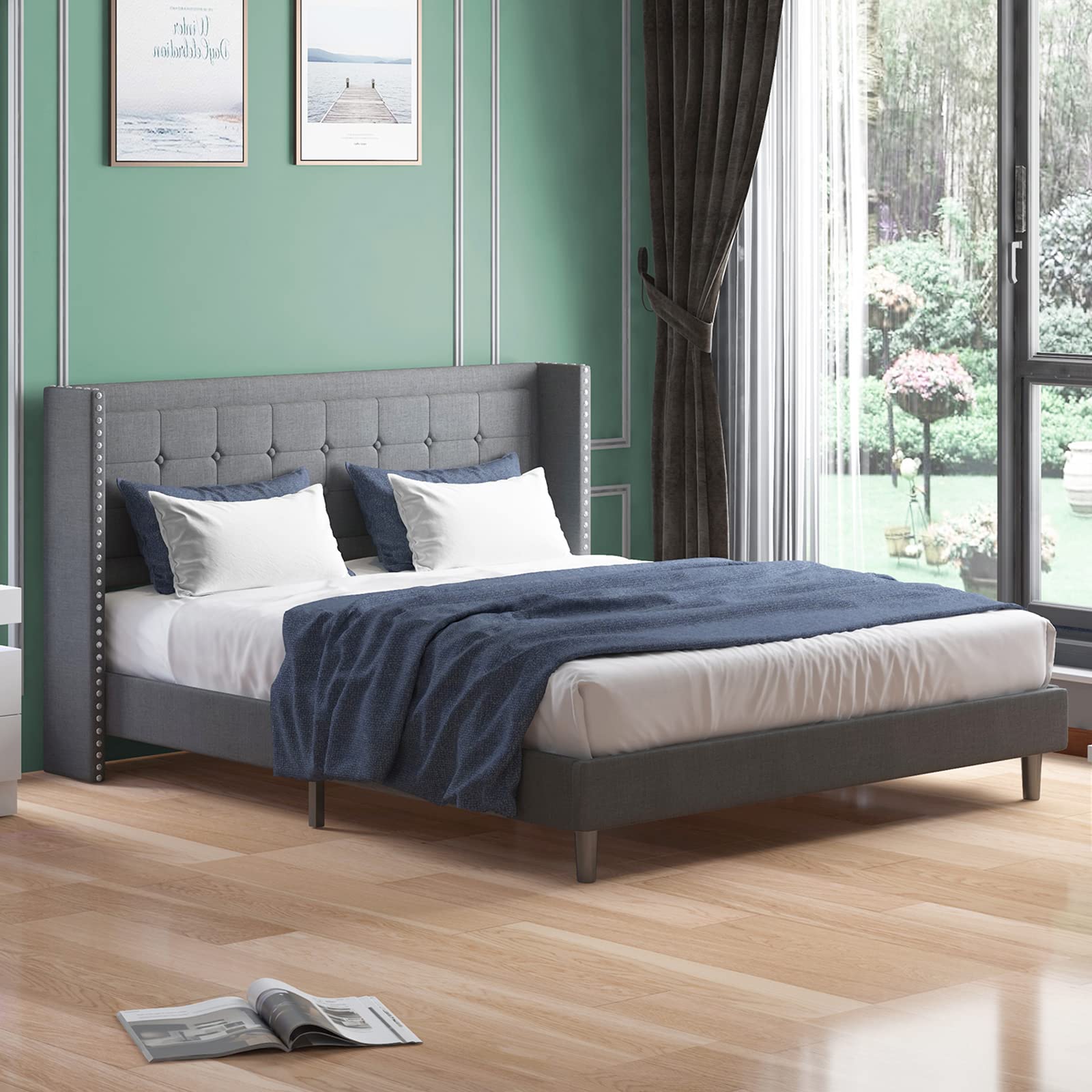 BALUS King Size Platform Bed Frame with Wingback Headboard - Modern Upholstered Bed with Rivet Design, No Box Spring Required, Easy Assembly (Dark Grey) - Perfect for Master Bedroom, Guest Room & Modern Home Decor