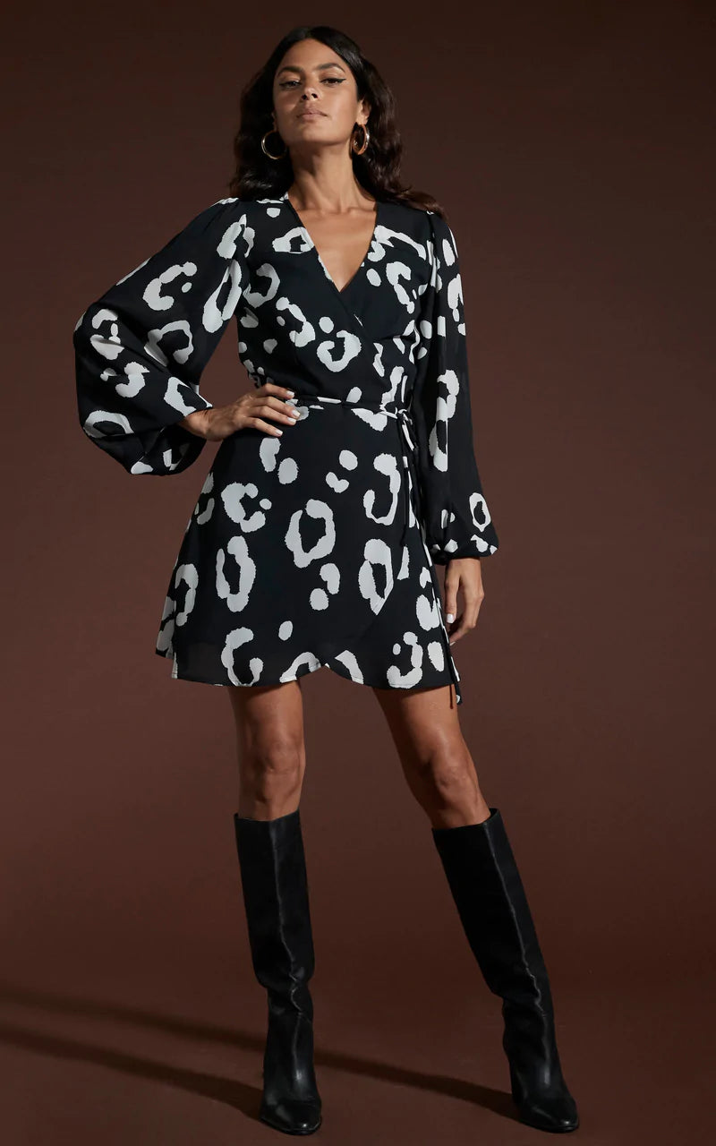 Ginger Mini Wrap Dress - Monochrome Floral Print Women's Summer Dress for Casual Outings & Beach Vacations
