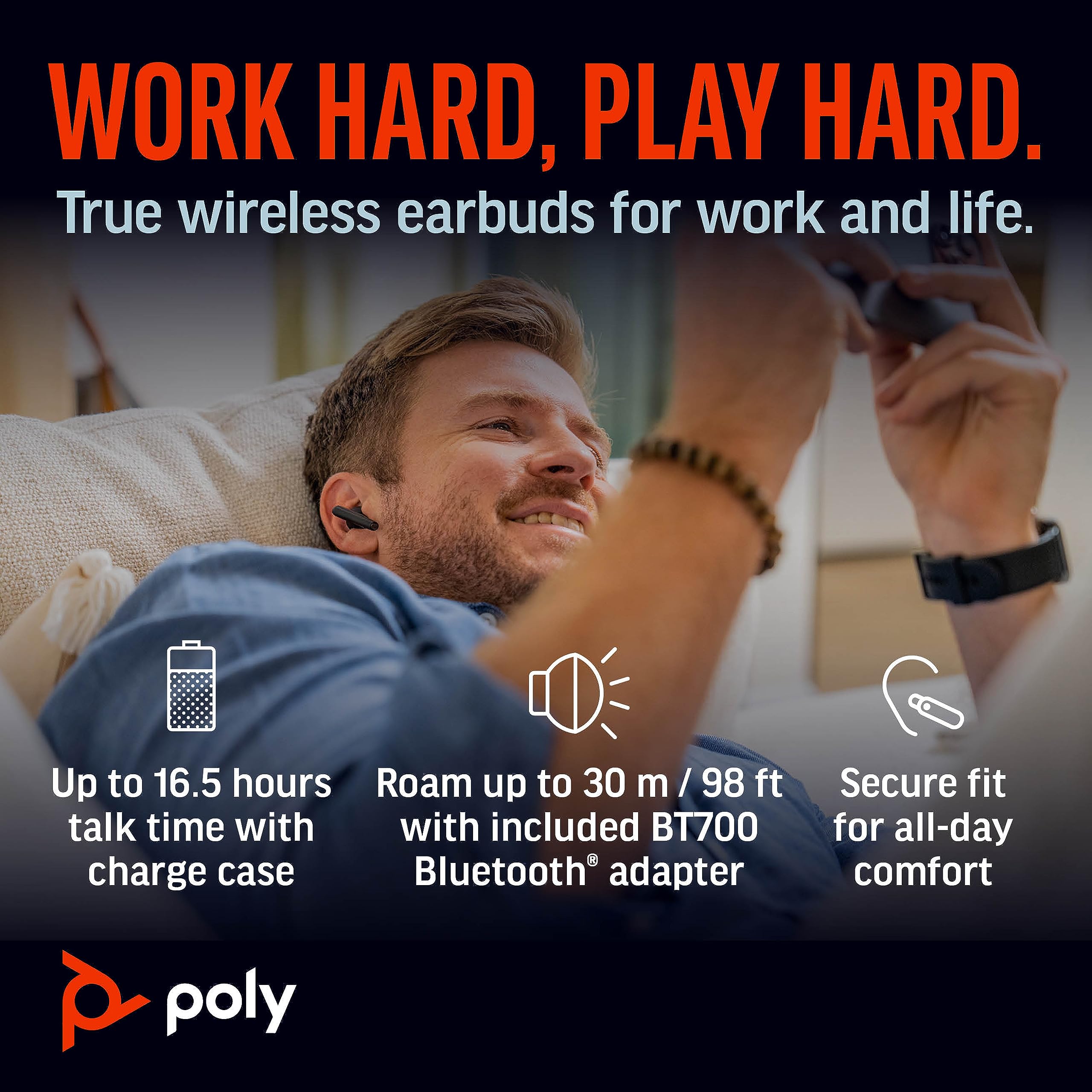 Poly Voyager Free 60+ UC True Wireless Earbuds with Active Noise Cancellation (ANC) – Bluetooth Headphones for iPhone, Android, PC & Mac – Noise-Canceling Mics for Crystal Clear Calls – Teams Certified – Touchscreen Charge Case – Perfect for Work Calls, Gym, Commuting & Travel – Amazon Exclusive