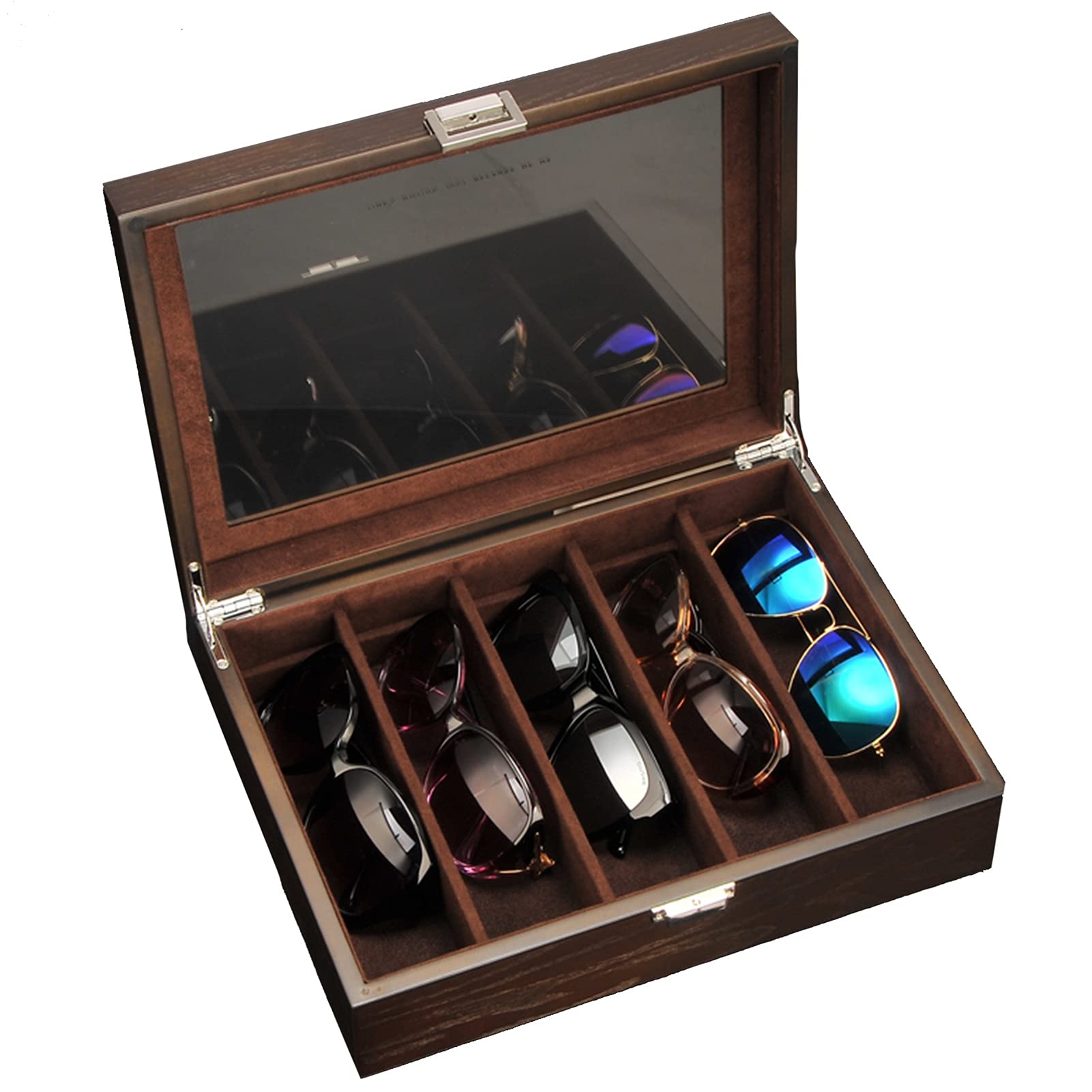 Wooden Jewelry & Sunglasses Organizer Box for Women & Men - 5-Slot Eyewear Display Case with Storage Holder - Dark Brown Sunglasses & Jewelry Collection Box | Perfect for Home, Office & Travel Organization