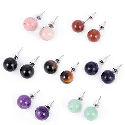 DSURE 7 Pairs Natural Gemstone Stud Earrings - Amethyst, Rose Quartz & Agate Crystal Ball Earrings for Women & Girls | Healing Jewelry for Daily Wear, Gifts & Spiritual Wellness
