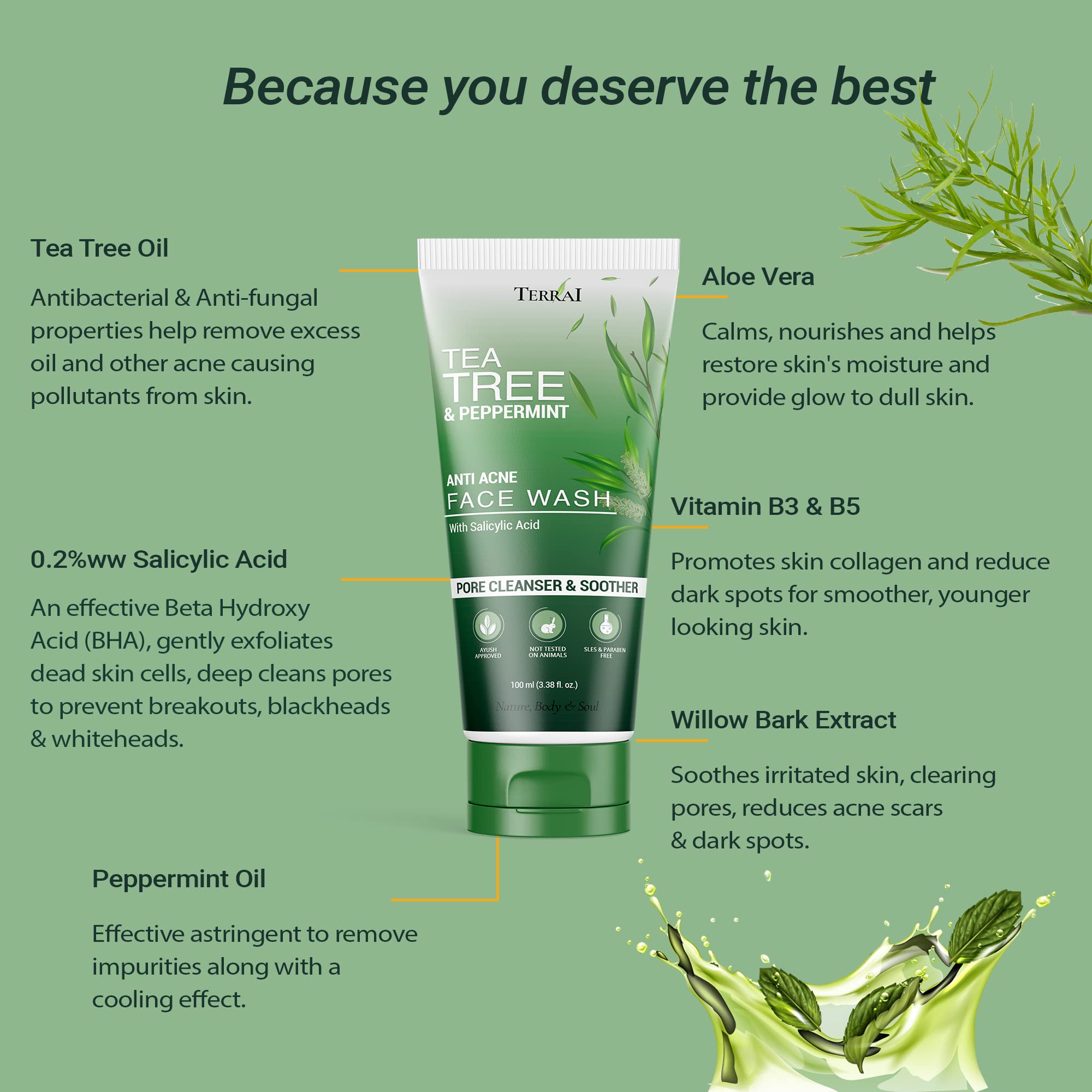 Terrai Tea Tree & Salicylic Acid Acne Face Wash - Oil Control, Blemish Treatment for Acne Prone Skin - Reduces Pimple Marks, Blackheads & Whiteheads - Gentle Cleanser for Men & Women (100ml) - Perfect for Daily Skincare Routine & Post-Workout Cleansing