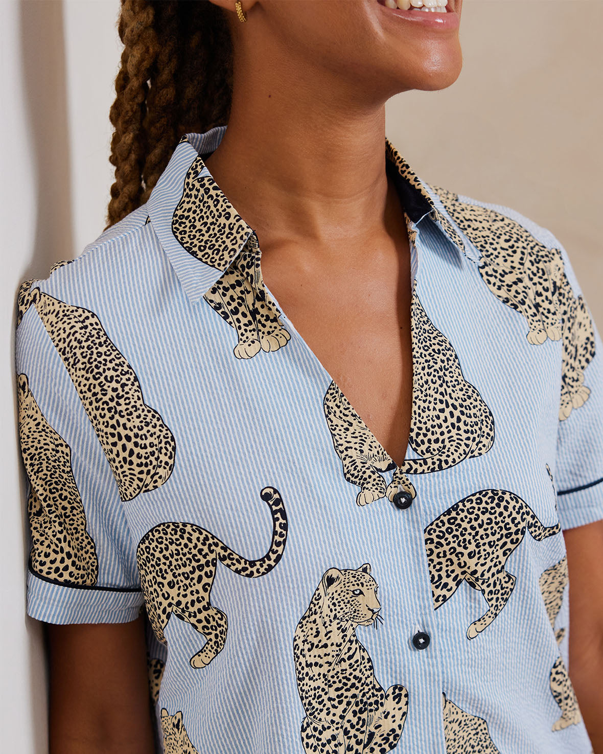 Seersucker Cotton Leopard Stripe Print Short Pajama Set for Women - Comfortable Summer Sleepwear & Lounge Wear for Hot Nights