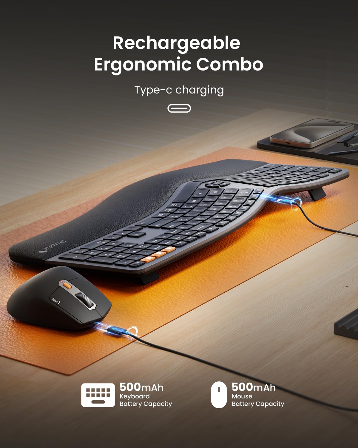 ProtoArc EKM01 Plus Ergonomic Wireless Keyboard and Mouse Combo - Full Size Split Design with Wrist Rest, Rechargeable Bluetooth Keyboard Mouse Set for Windows/Mac OS - Perfect for Office Work, Gaming, and Long Typing Sessions